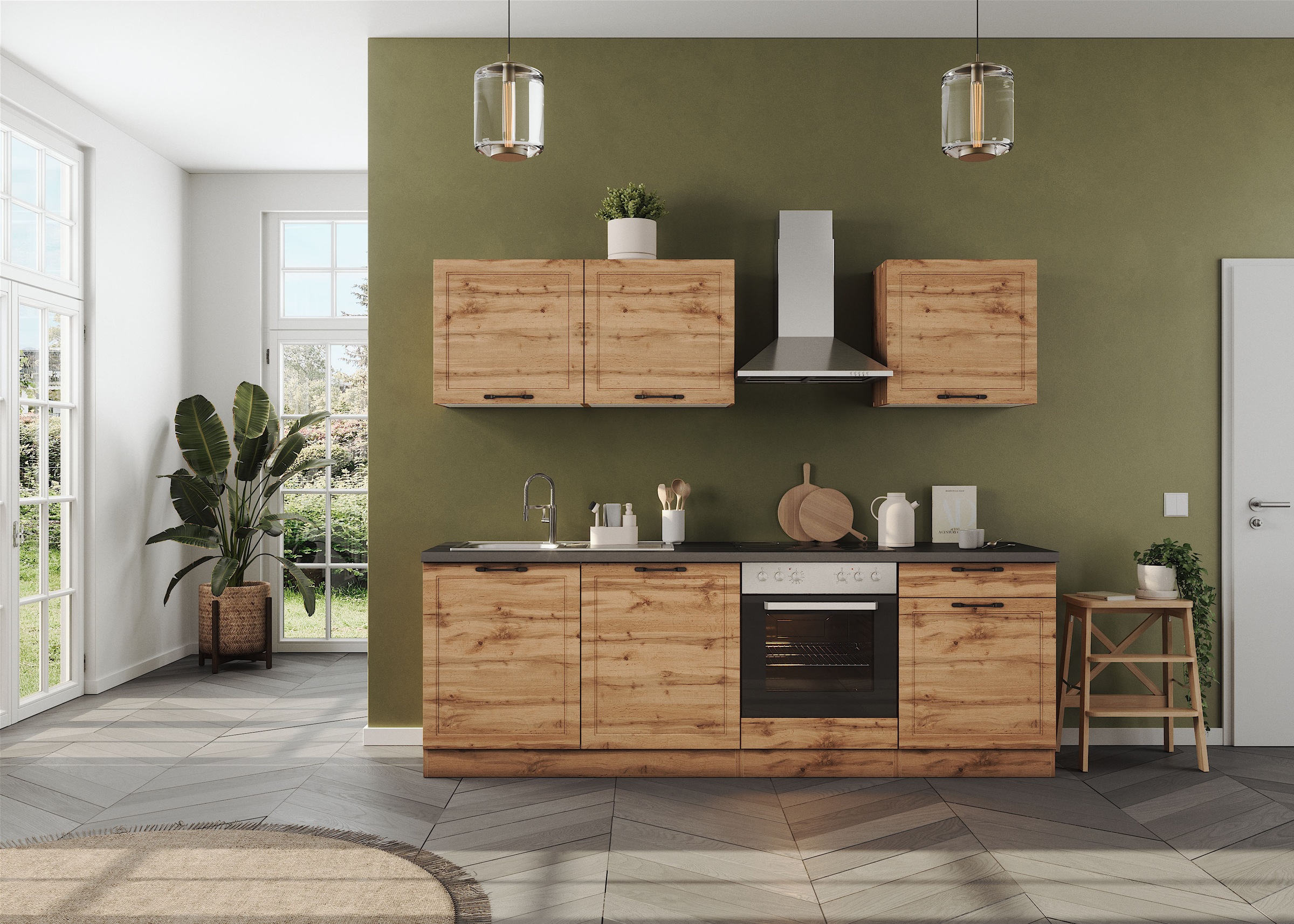 KOCHSTATION Küchenzeile "KS-Lani, mit MDF-Fronten" Breite 240 cm, wahlweise mit E-Geräten, Höhen-Ausgleichsfüße 0-4 cm
