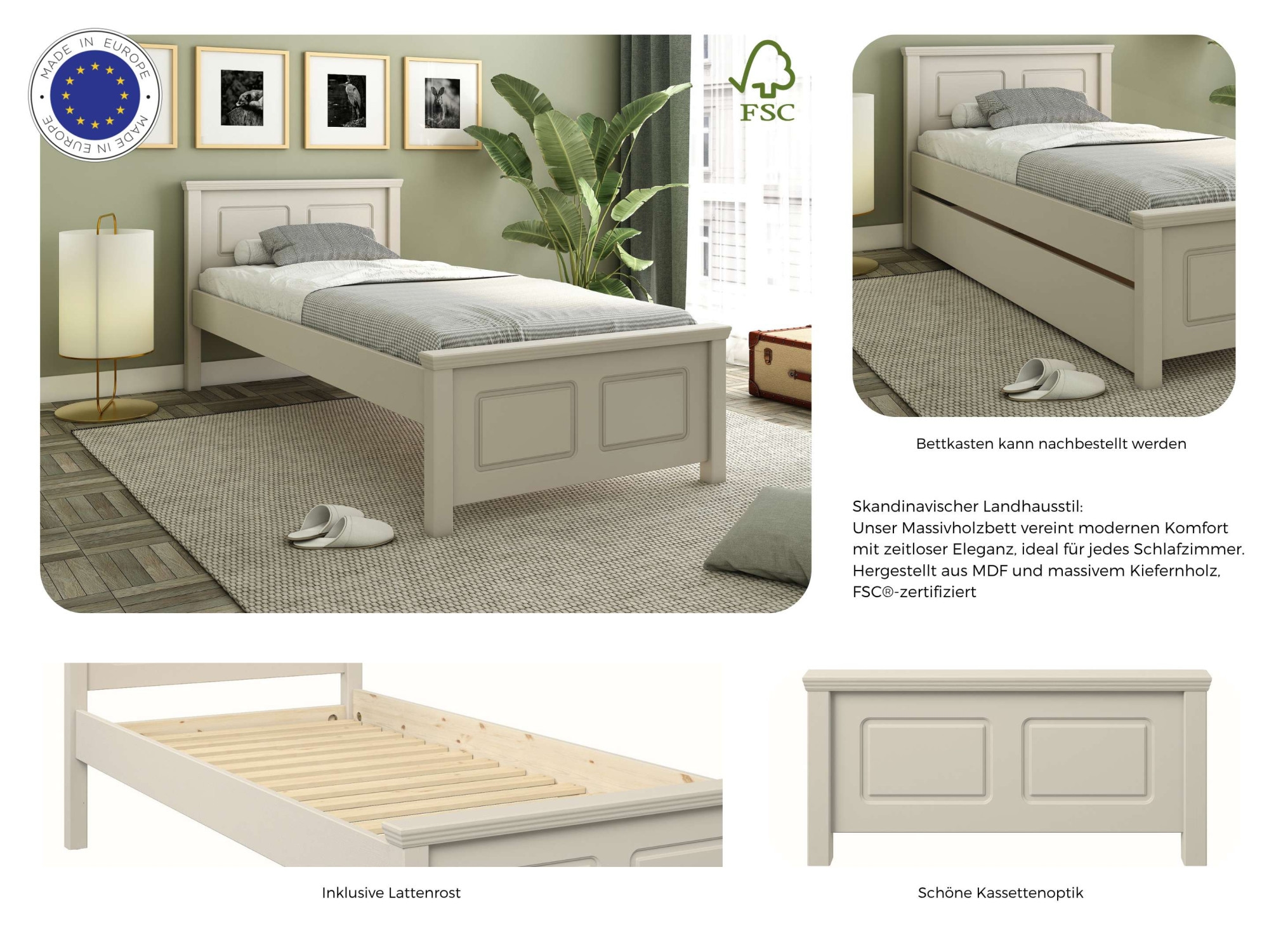 GOODproduct Lit en bois massif »ERIK' , Made in Europe, optional mit Schublade, Massivholz Kiefer« FSC® zertifiziert,  in mehreren Grössen, Landhausstil mit Kassettenoptik