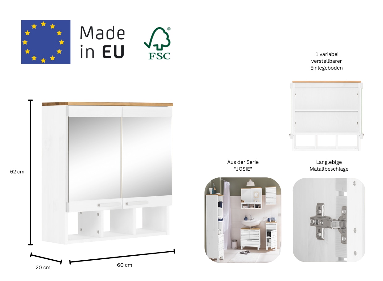 Home affaire Spiegelschrank »JOSIE« Breite 60 cm, aus Massivholz, verstellbarer Einlegeboden, Metallgriffe