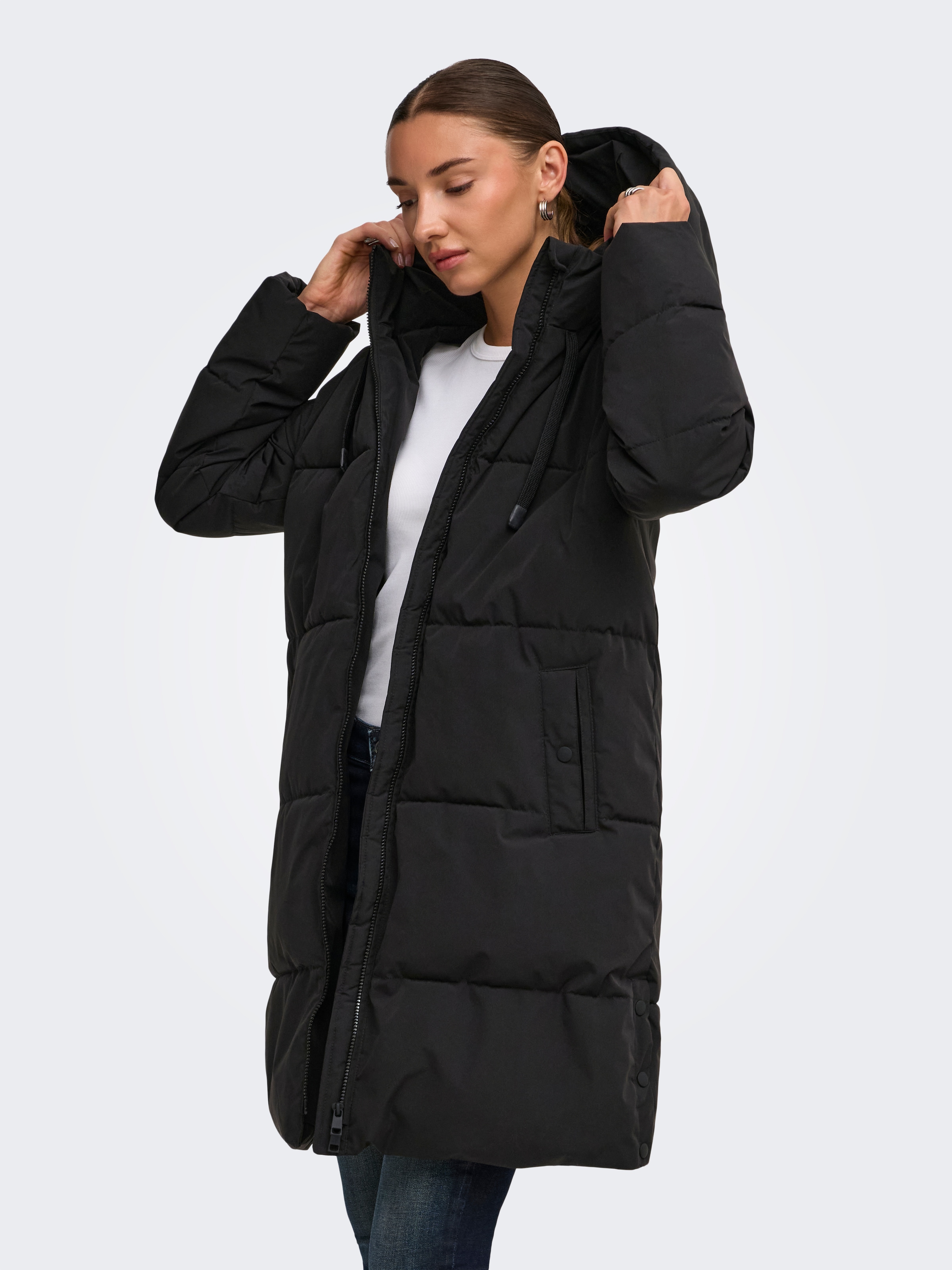 Image of JDY Steppmantel "JDYBLAIR LONG HOOD PUFFER OTW SIJ" Kunstfaser, Kapuze mit Kordelzug