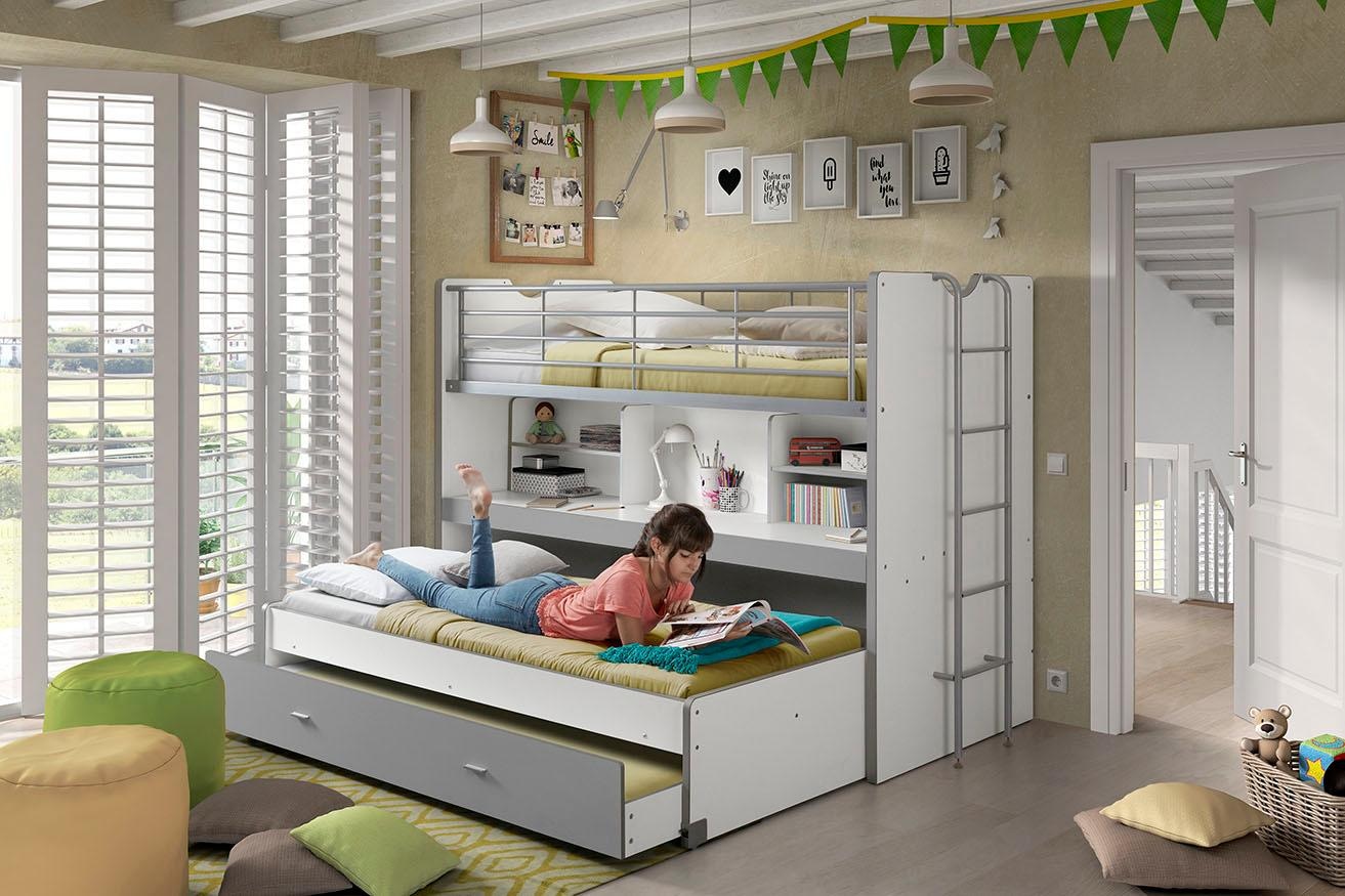 Vipack Hochbett »Bonny, mit 3 Schlafgelegenheiten, super praktisch im Kinderzimmer« B/H/T ca. 222x161x102cm, Dekor Oberfläche, in verschieden Farben,  mit grosser Schreibplatte, Regalfächern, viel Funktion auf kleinem Raum