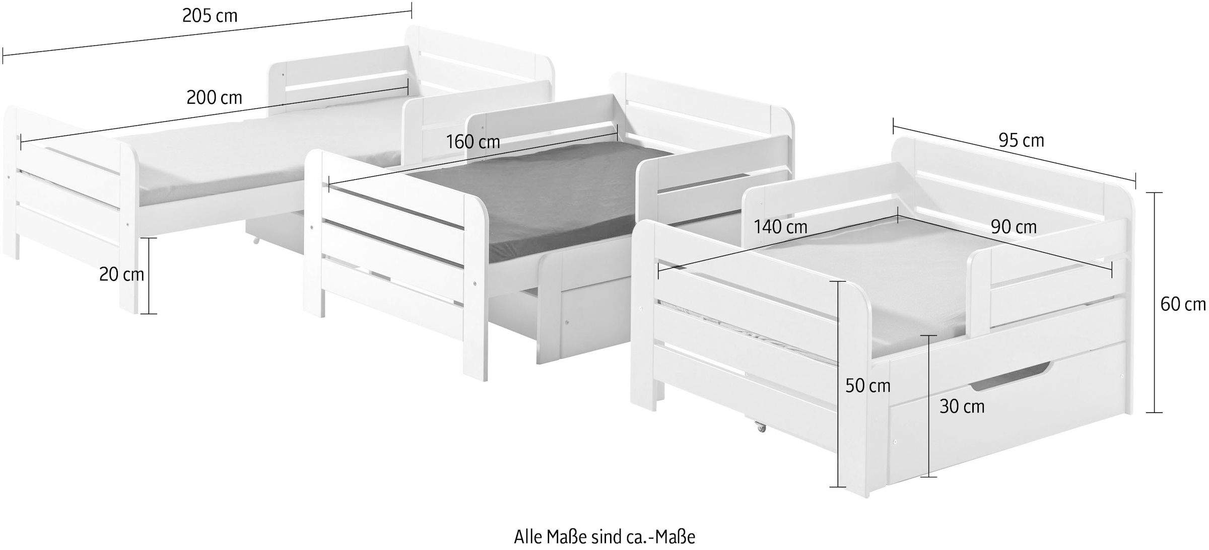 Vipack Einzelbett Packung, Made in Europe,  Kinderbett, Länge 140 bzw. 160 und 200 cm, in Weiss oder Grau lackiert