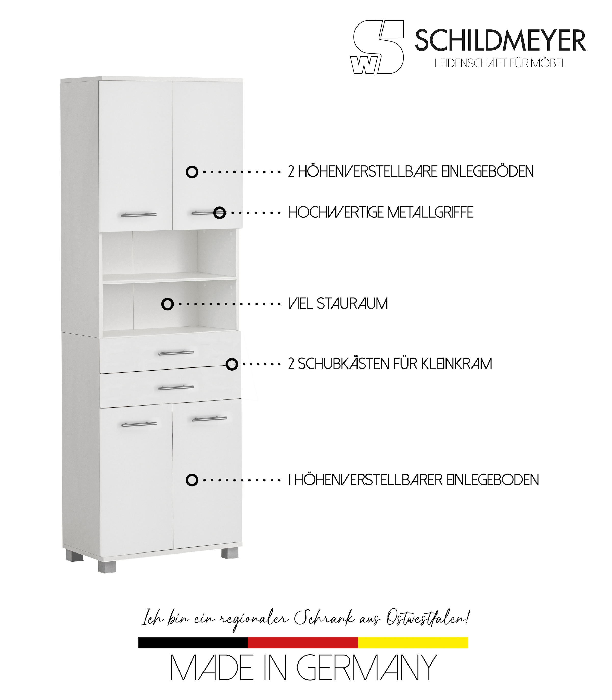 welltime Hochschrank »Emmi, Breite 60 cm, Made in Germany« 4-türig mit 2 Schubkästen und 2 offene Fächer, Made in Germany