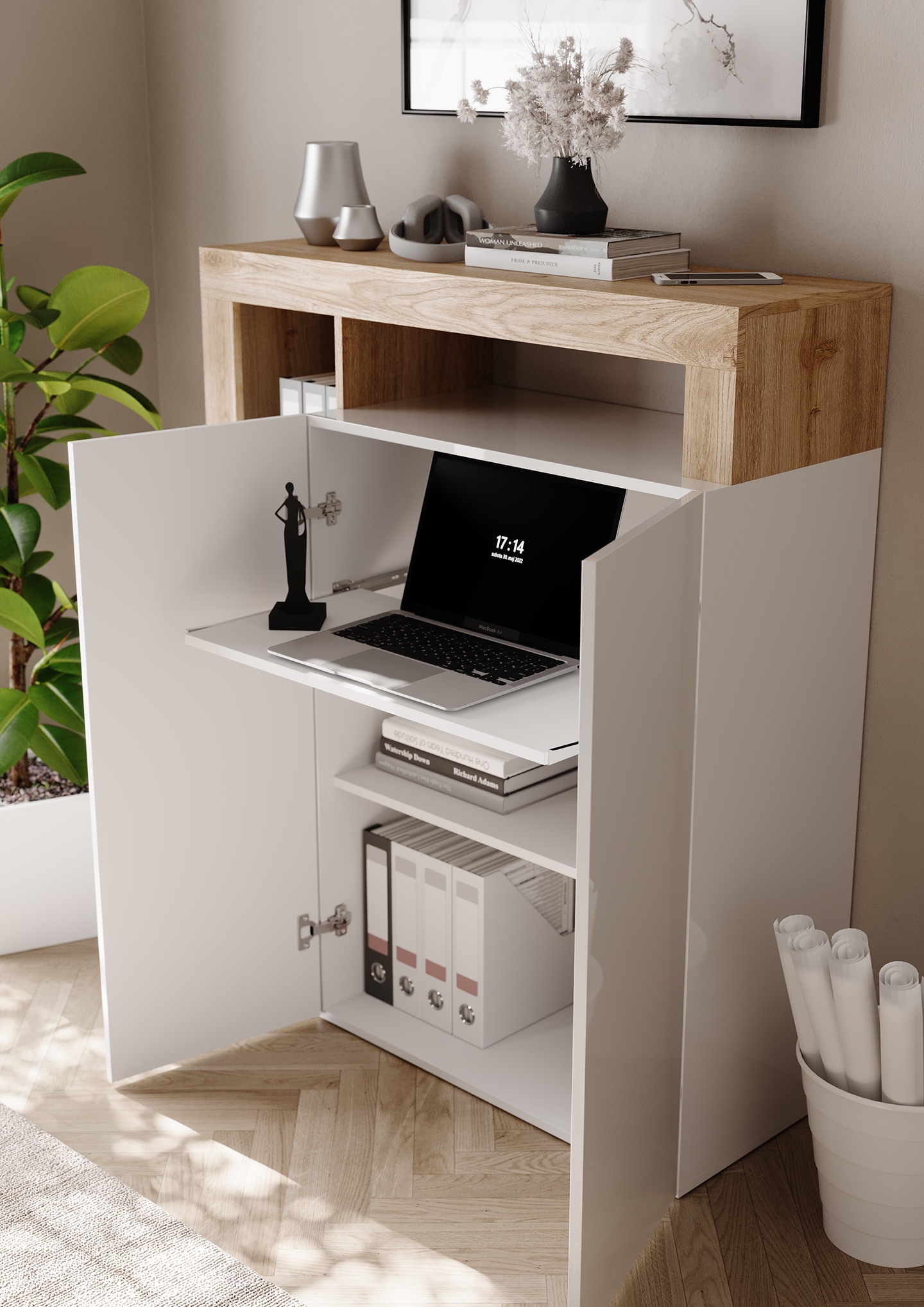 INOSIGN Sekretär »Hamburg Breite 108 cm, Höhe 126 cm, 2 Türen, PC-Schrank, Home-Office,«, dekorativer Rahmen, Tastaturauszug, Stauraum, Multifunktional