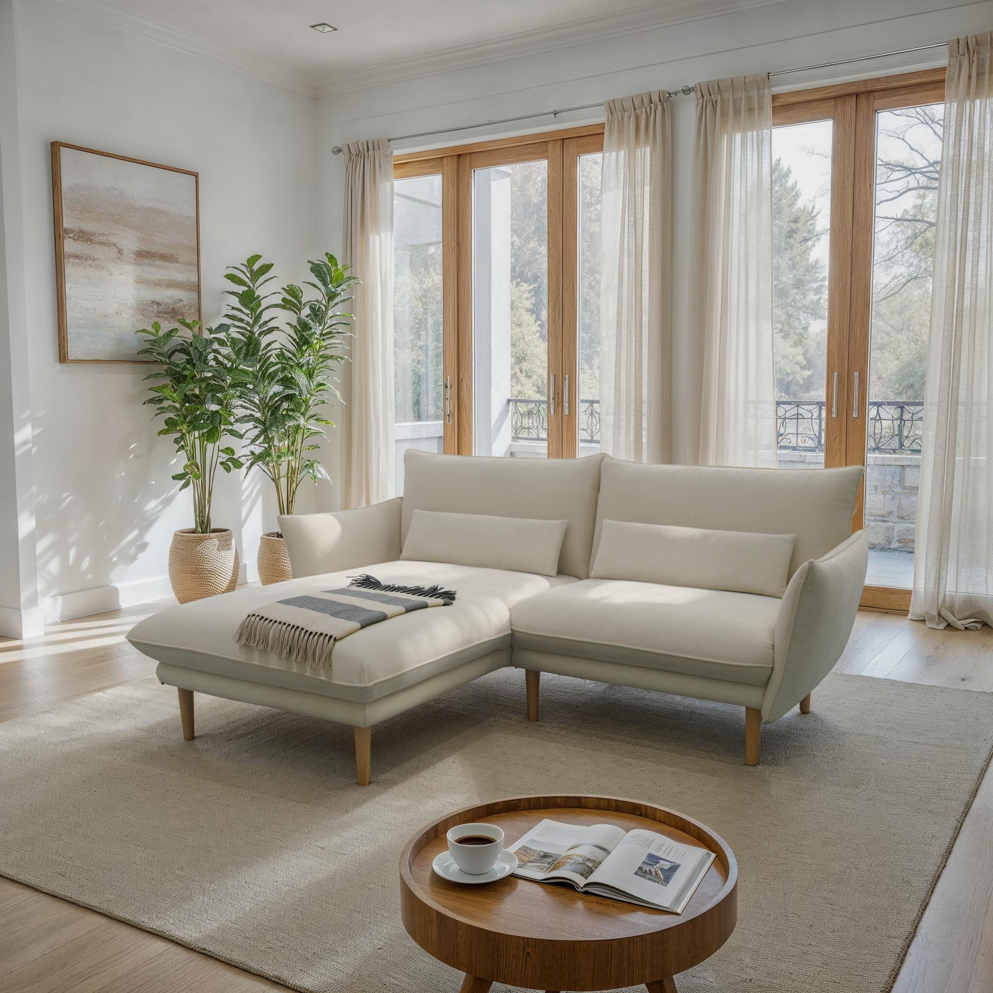 DOMO collection Ecksofa »100 032 kompakte Stellmasse, Breite 200cm, schmale Armlehnen, L-Form«, bodenfrei, 19cm hohe Holzfüsse