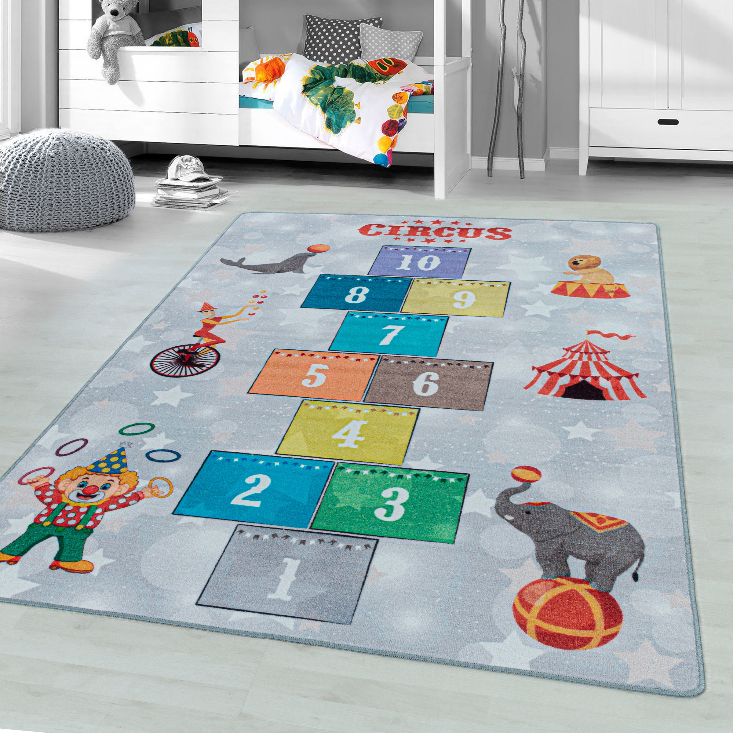 Image of Ayyildiz Teppiche Kinderteppich "PLAY 2909" rechteckig 6 mm Höhe Kurzflor, Zirkus, Clown, Zahlen Spiele Hüpf Teppich, Kinderzimmer