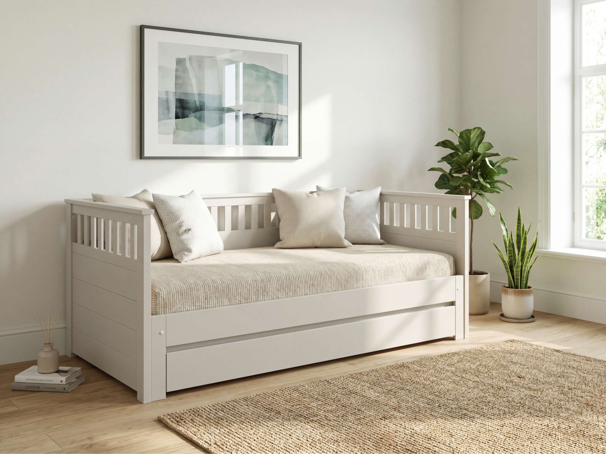 GOODproduct Daybett »Morrick, ausziehbar, 2 Schlafplätze + Schublade, Cashmere Beige« massive Kiefer, schöne Sprossenoptik, Stauraum, Skandi Look