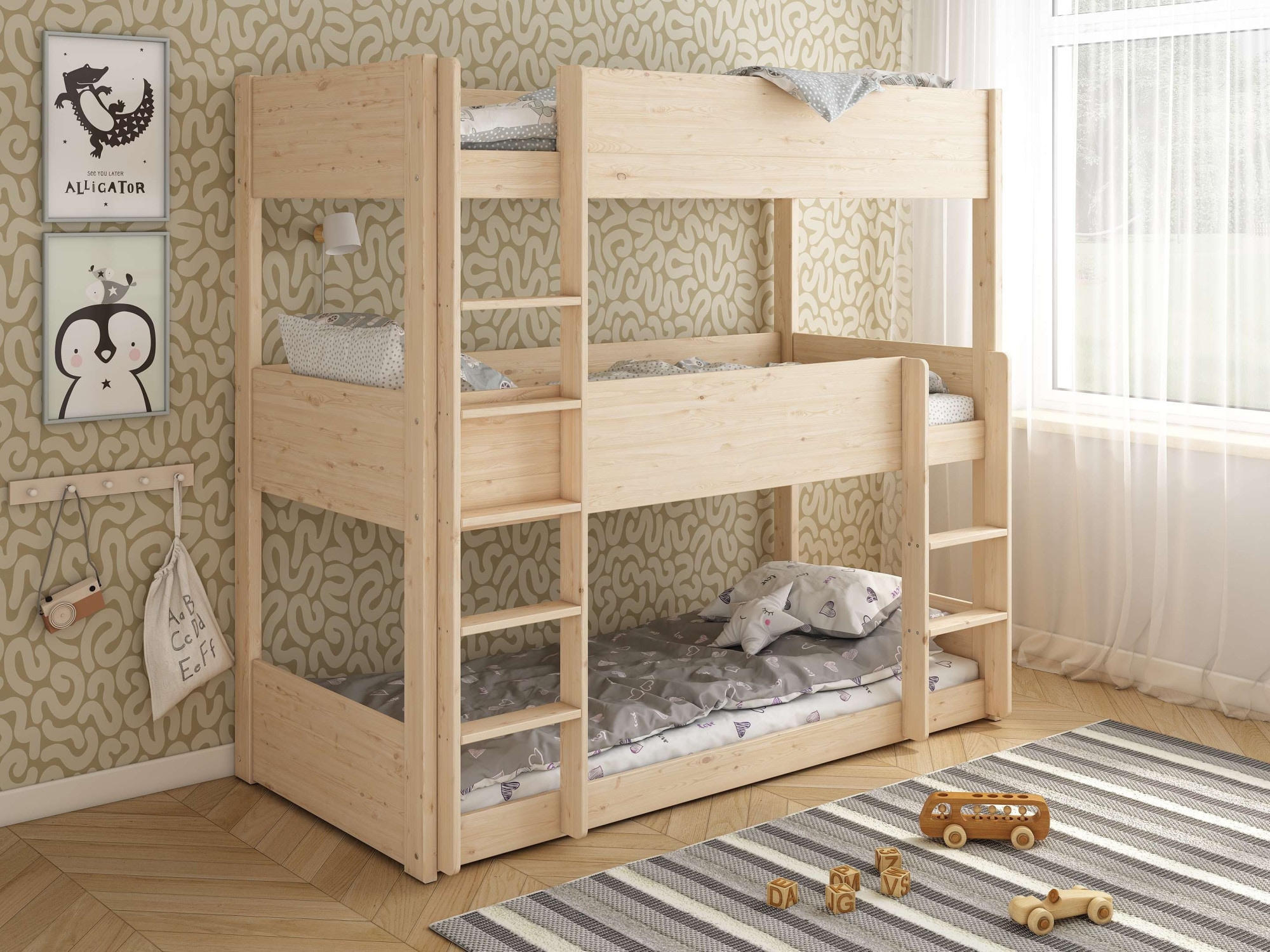 Lüttenhütt Etagenbett »TIPO BESTSELLER! Stockbett, Hochbett, Bodenbett, platzsparend«, (Leitern beidseitig montierbar), mit 3 Schlafplätzen, FSC® zertifiziertes Massivholz (Kiefer)