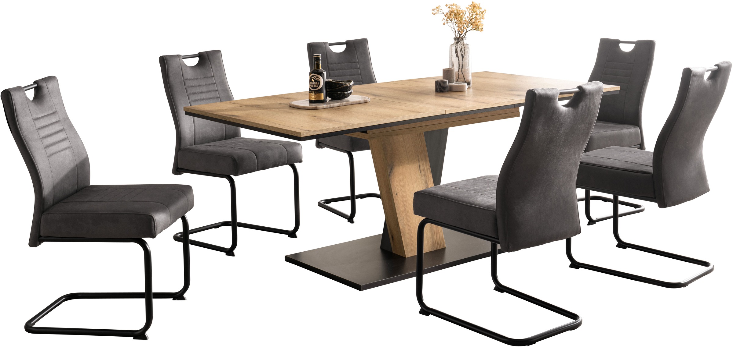 OTTO home Essgruppe ""Altona", Esstisch ausziehbar plus 6 Stühle" Esstisch ausziehbar 140 - 180 cm, 6 Freischwinger, 7 tlg. tlg. Säulentisch 140-180x90 cm, Stuhl mit Federkorb, 140 kg belastbar