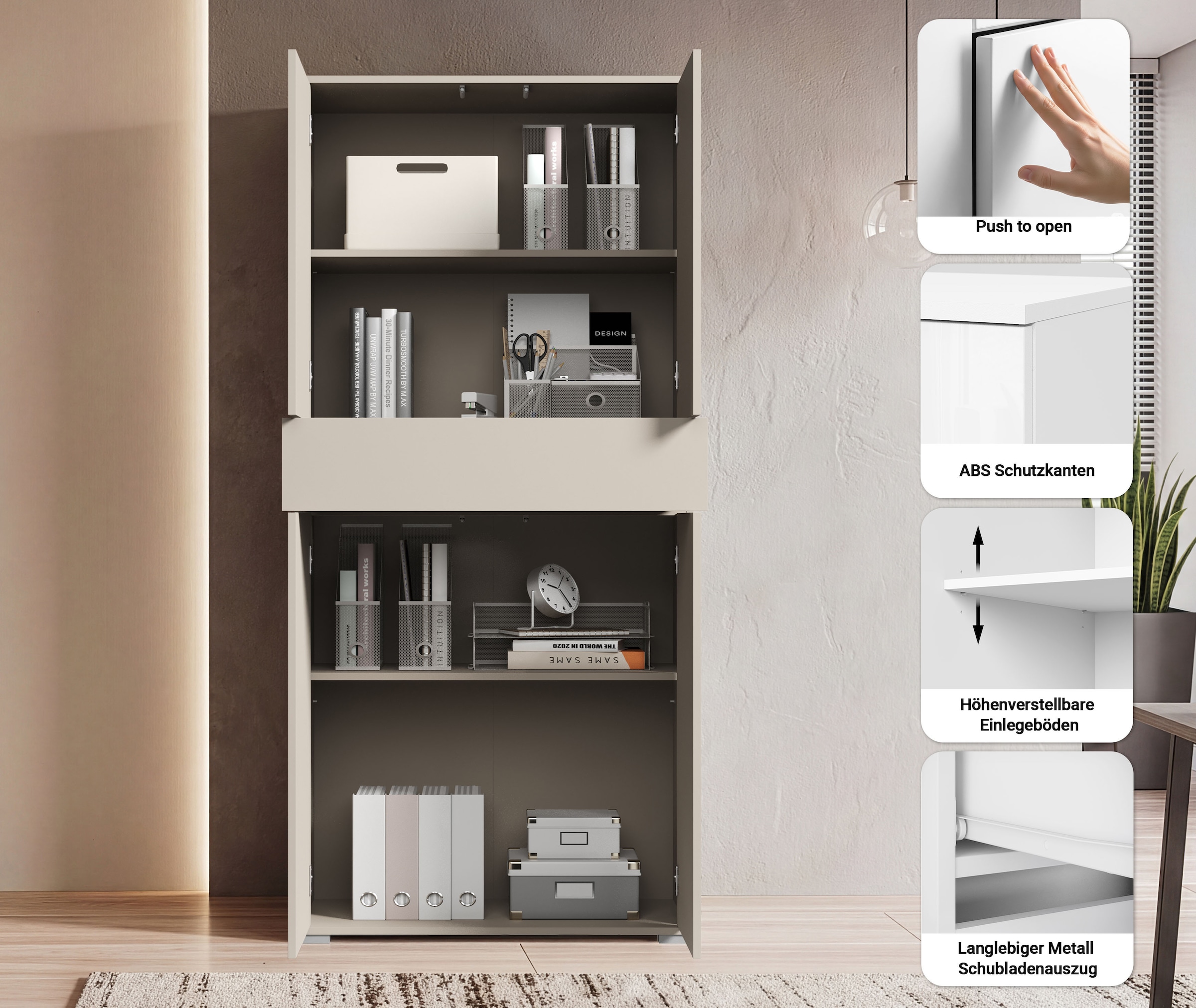 GOODproduct Aktenschrank »Kenia, Stauraumschrank 80 cm breit mit Schublade« 1 Stk. tlg. Griffloses Design mit Push-to-Open und verstellbaren Einlegeböden