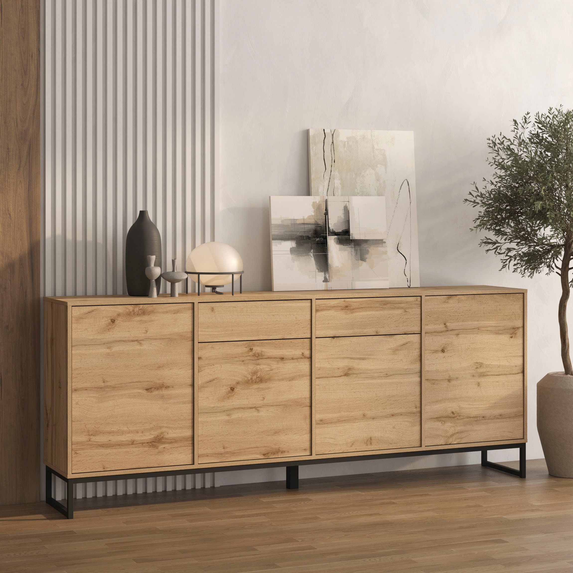 GOODproduct Sideboard »Loft, Breite 208,5 cm, grifflose Kommode 4 Türen/2 Schubkästen.« Schubladenschrank mit viel Stauraum, Einlegeböden verstellbar