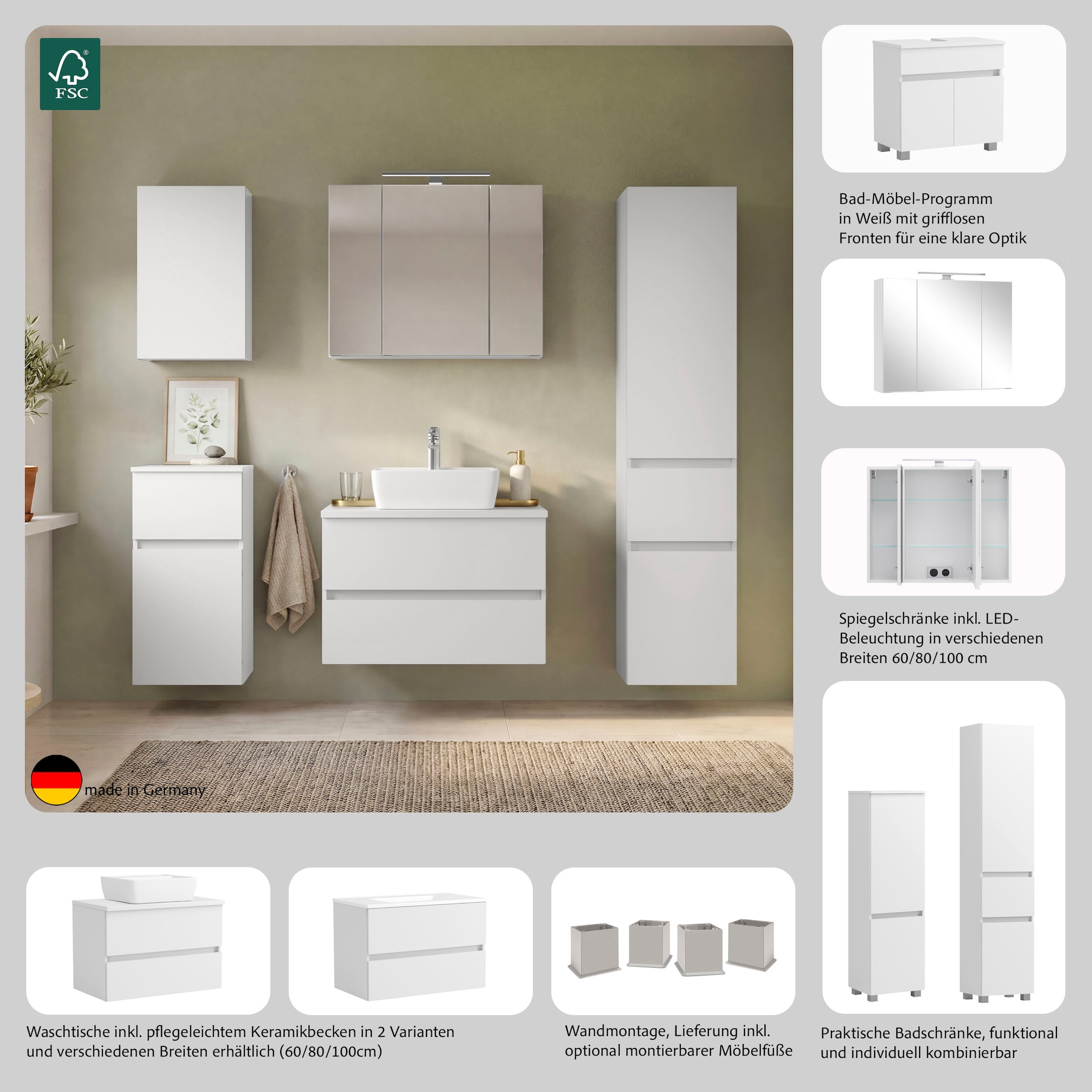 GOODproduct Waschbeckenunterschrank »Bozen, Unterbeckenschrank 60 cm« griffloses Design, Masse (B/T/H): 60/35/54 cm