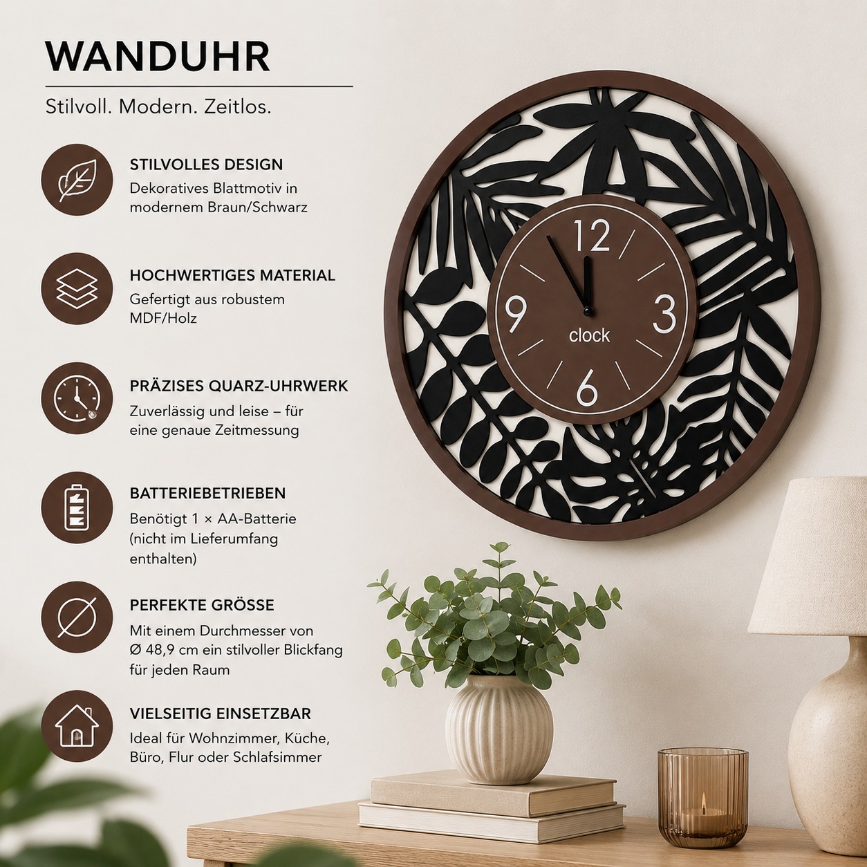 GOODproduct Uhr »dekoratives Blattmotiv, aus MDF gefertigt« runde, grosse Wanduhr mit Quarzuhrwerk, ca.49cm