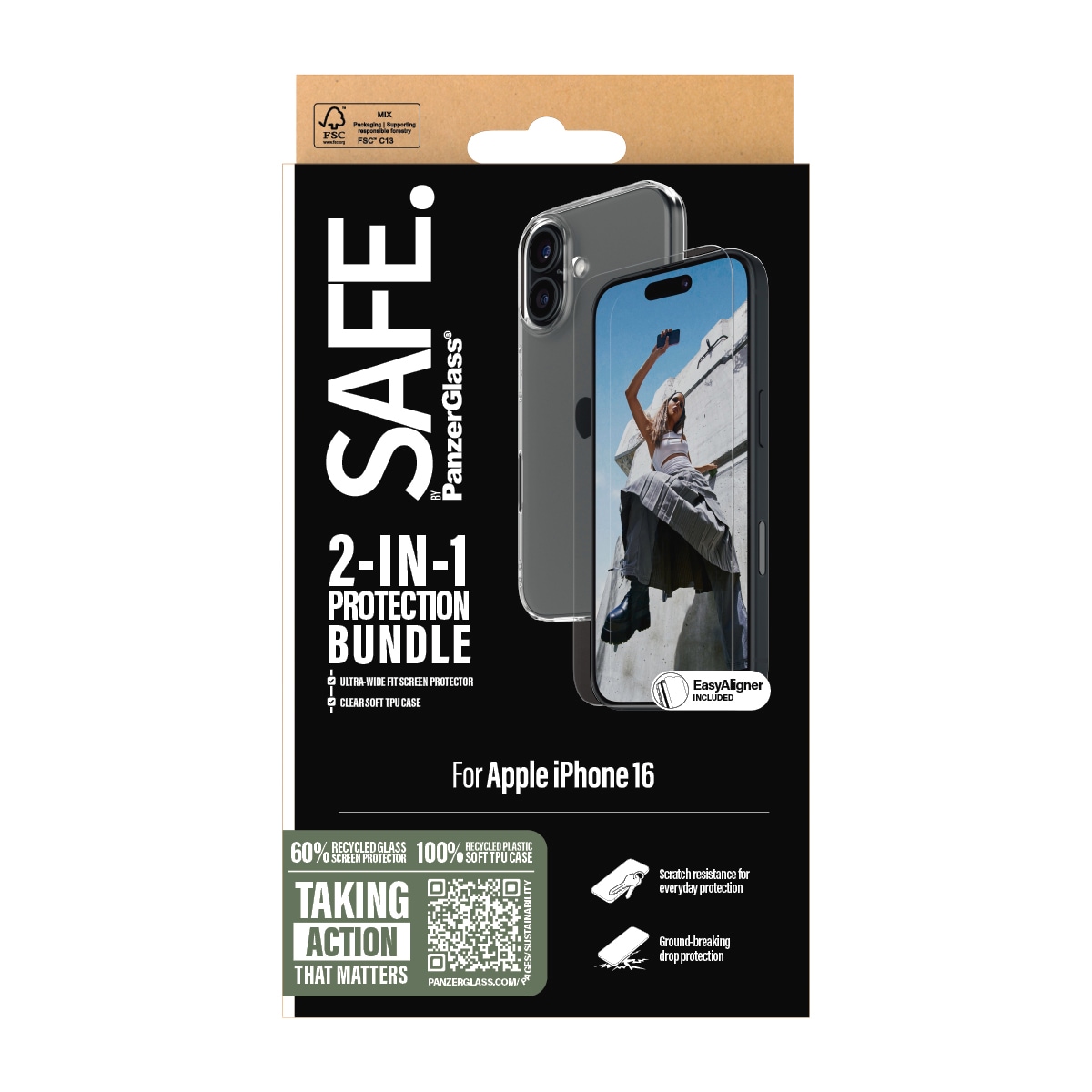 SAFE by PanzerGlass Displayschutzglas »2-in-1 Protection Bundle, Glass, Soft TPU Case«, für Apple iPhone 16, Displayschutzfolie, Schutzfolie, Bildschirmschutz, kratz- & stossfest