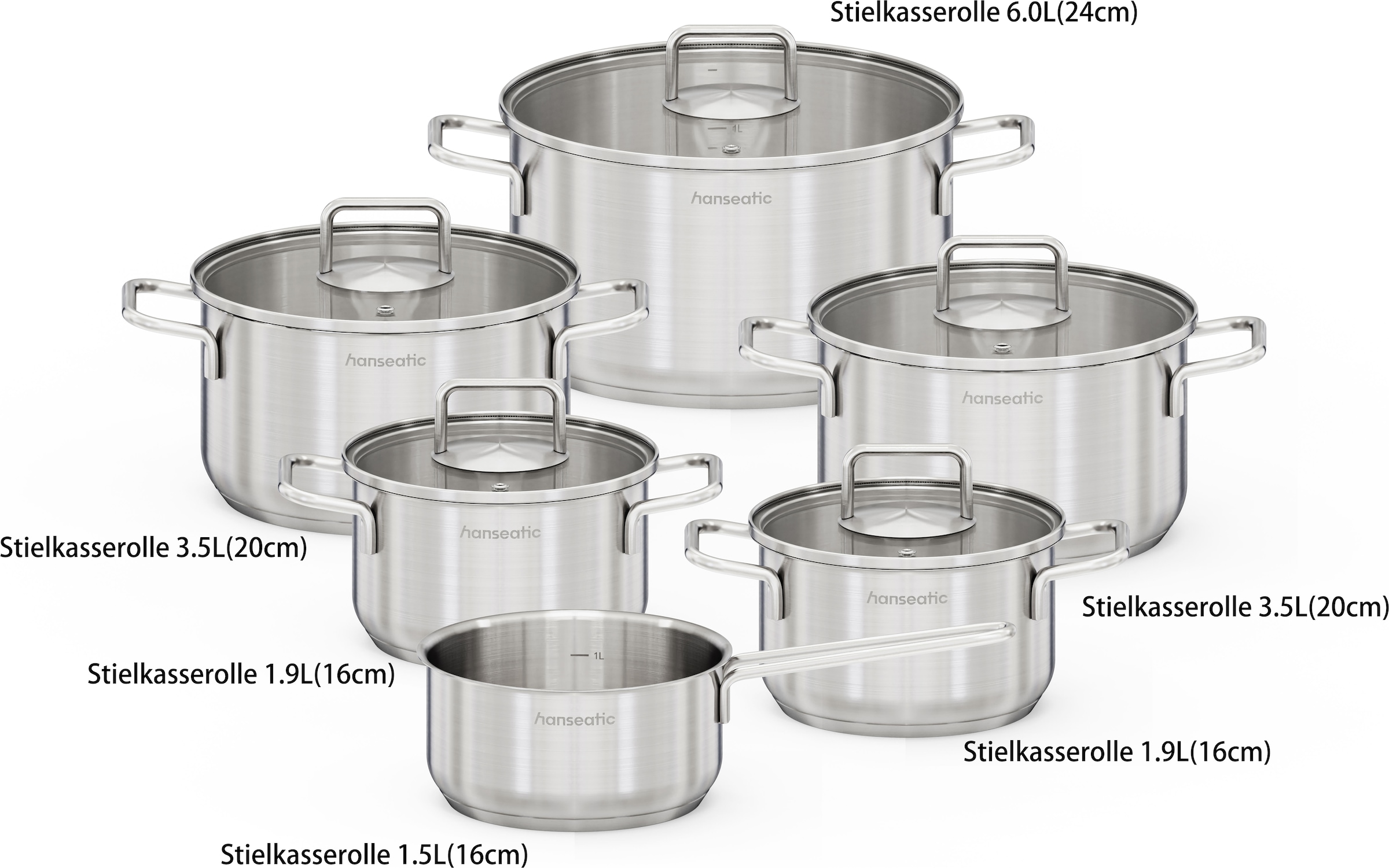 Hanseatic Topf-Set »BASIC« Set, Stielkasserolle 16 cm, Kochtopf 2x16/2x20/1x24 cm, 11 tlg. Edelstahl 18/10