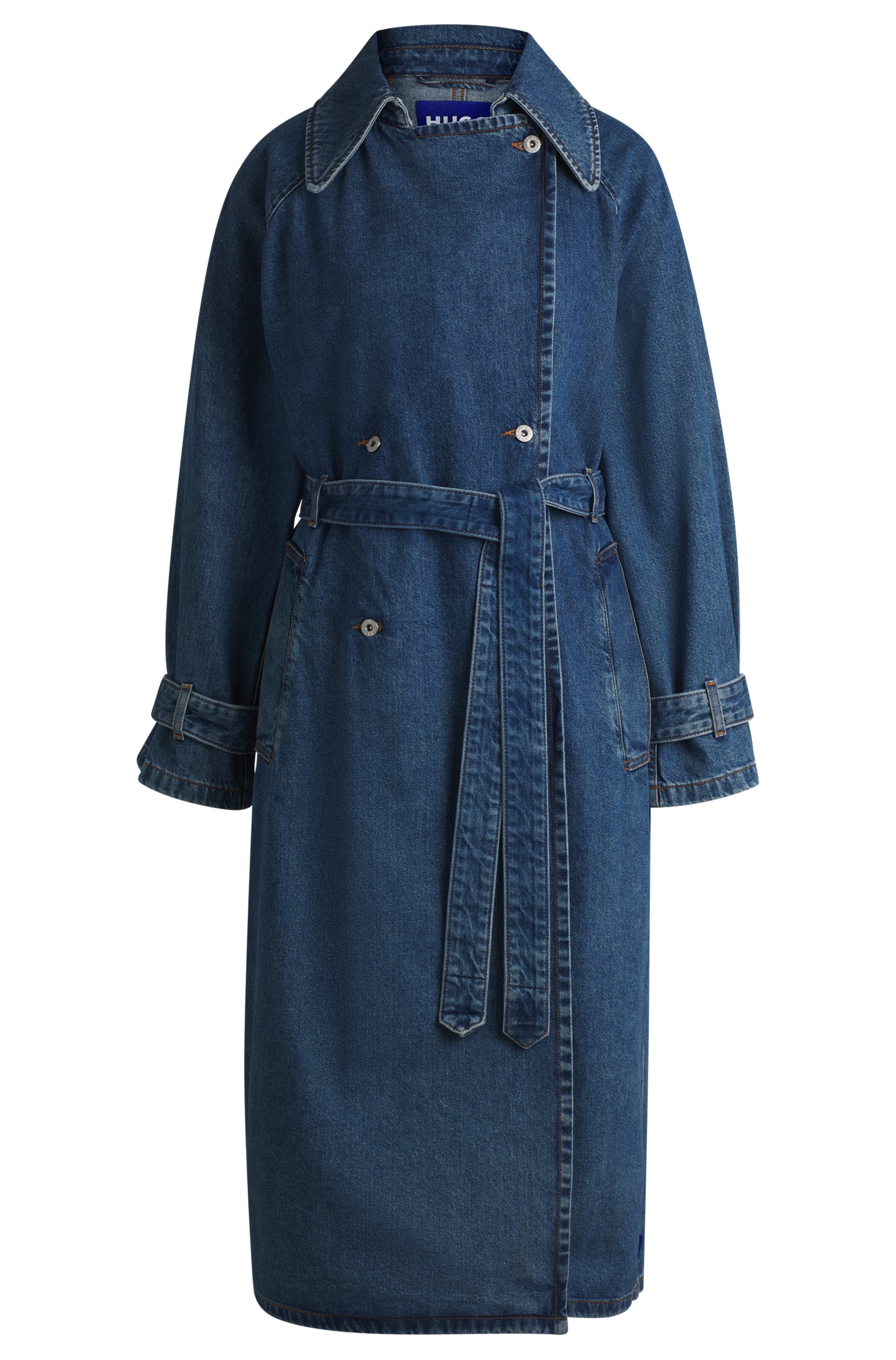 HUGO Blue Trenchcoat »Garena_1_B«, mit Taillengürtel, All Over Denim Fashion Piece Jeanstrenchcoat