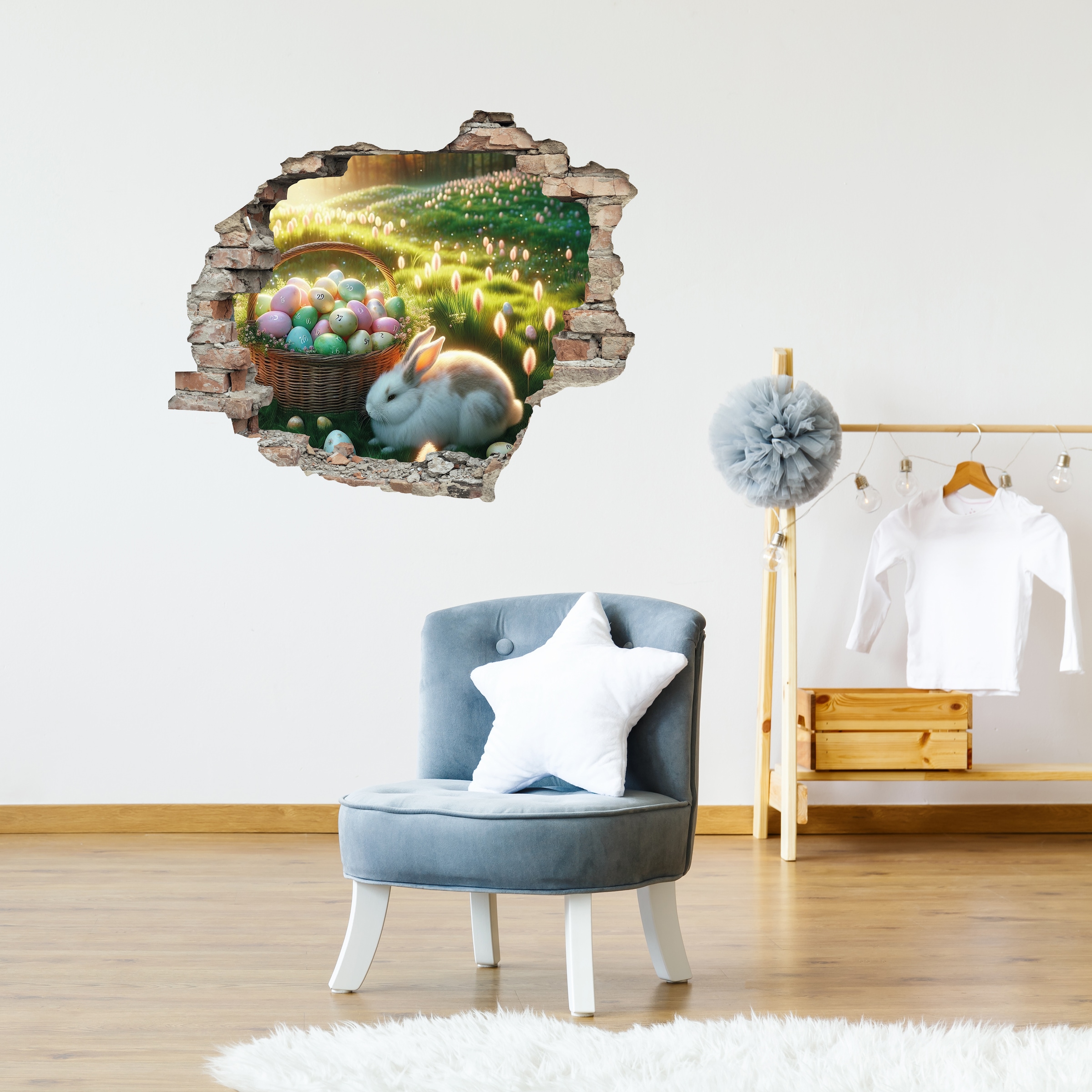 Image of queence 3D-Wandtattoo "Osterhase und Osterkorb" Selbstklebender Wandsticker Ostern Wanddurchbruch 60x50cm