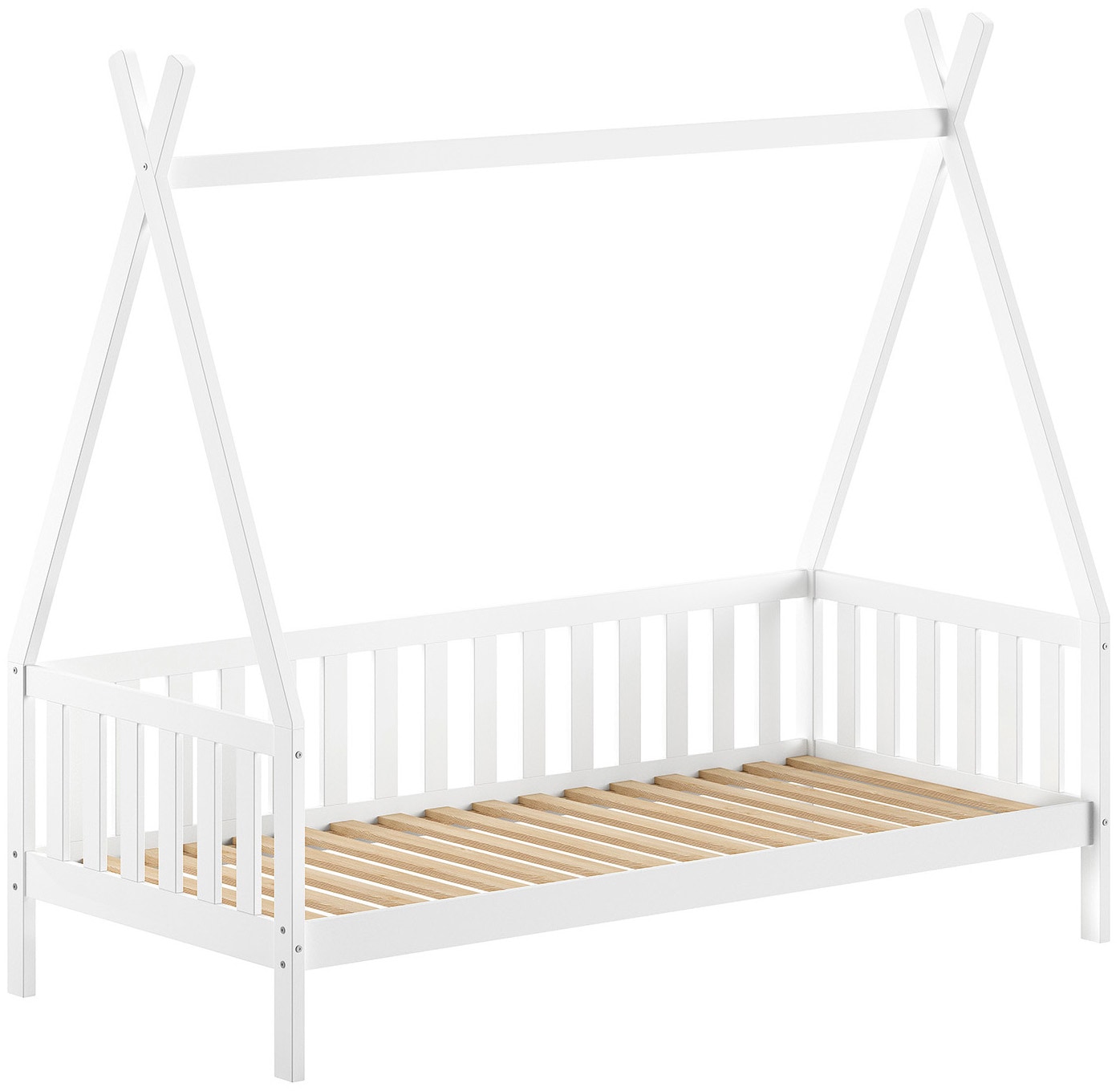 Image of Vipack Massivholzbett "mit Tipi Dach, seitlich und hinten mit Sprossenumrandung" Liegefläche 90/200 cm inkl. Massivholz Rollattenrost, Korpus aus massiver Kiefer, weiss lackiert