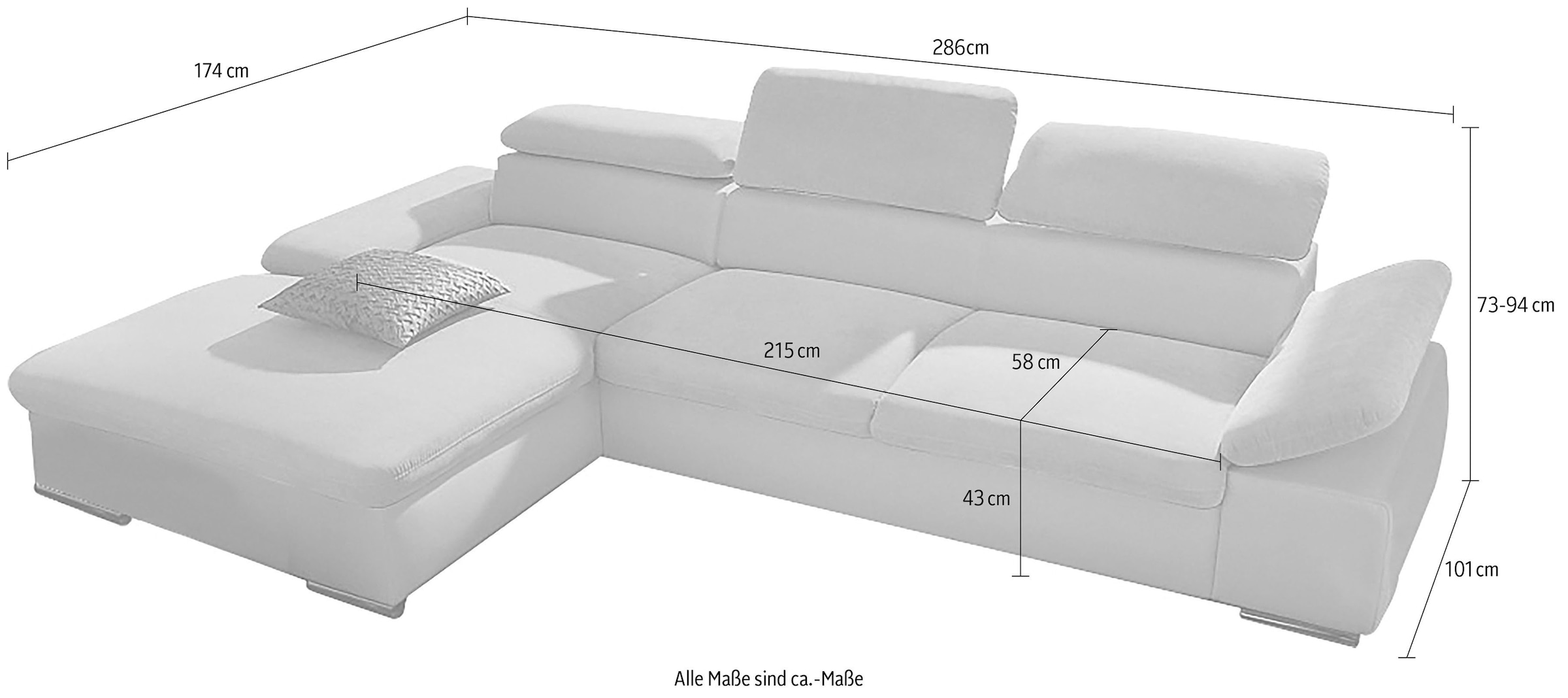 sit&more Ecksofa »Valantine L-Form, B: 286 cm« mit Arm- & Kopfteilverstellung, optional mit Bettfunktion
