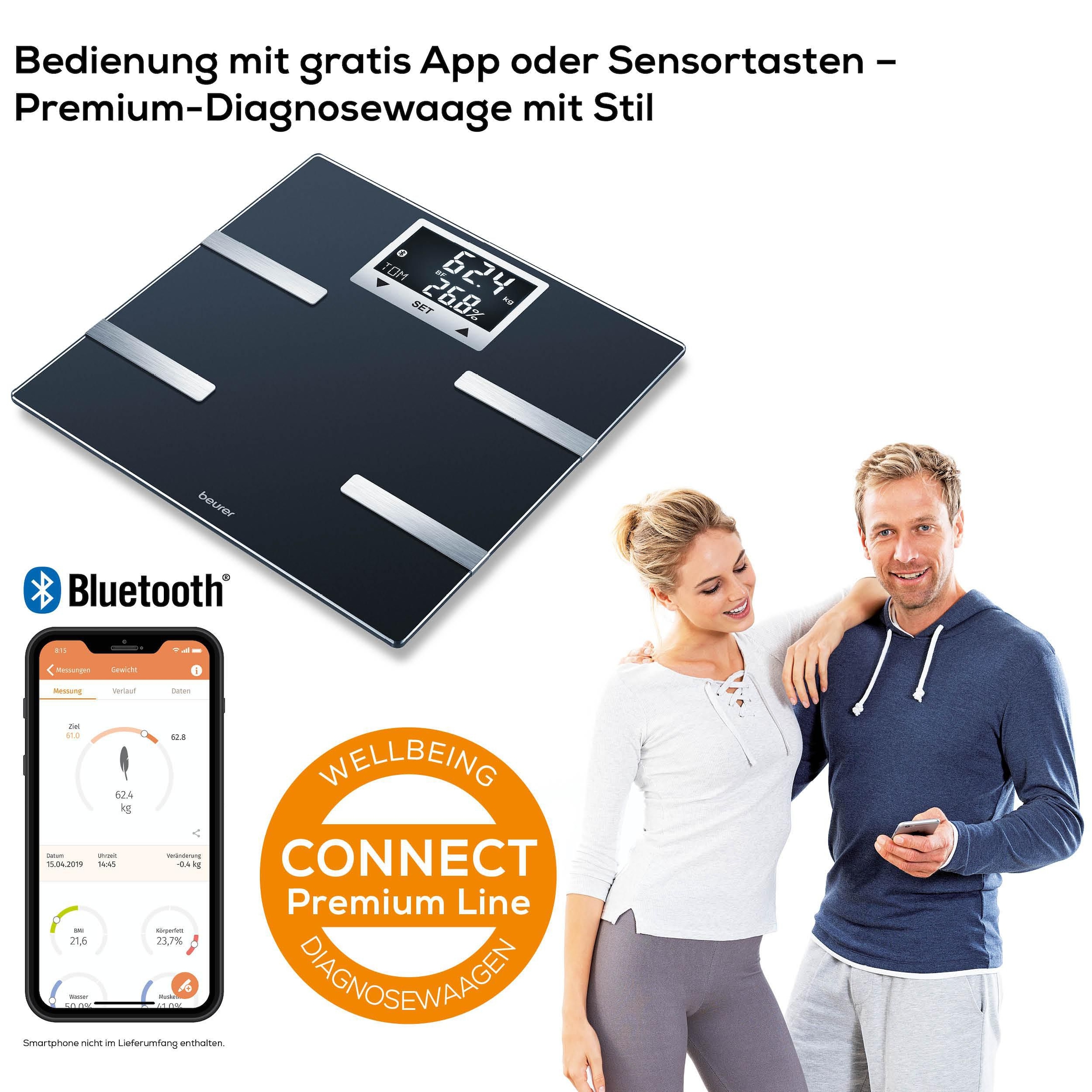 BEURER Pèse-personne d'analyse corporelle »BF 720 Messung von Körperfett, Muskelanteil, Kalorienanzeige usw.« Körperanalyse, mit App zur Übertragung und Tracking der Messwerte