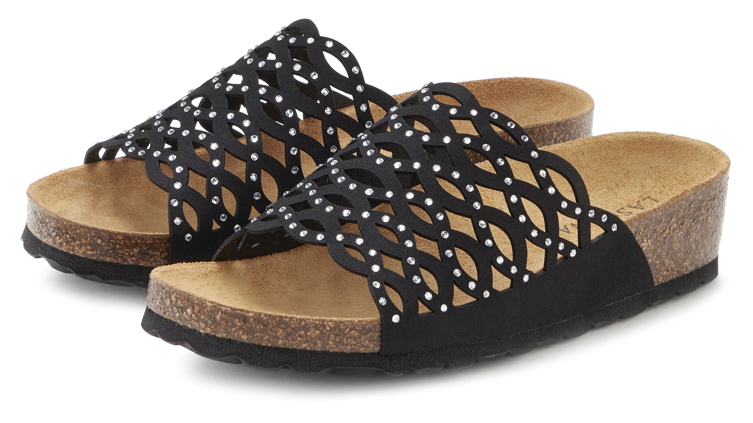 Image of LASCANA Pantolette "Mule, Sandale, offener Schuh, Sommerschuh," mit Komfortkorkfussbett aus Leder und Glitzersteinchen