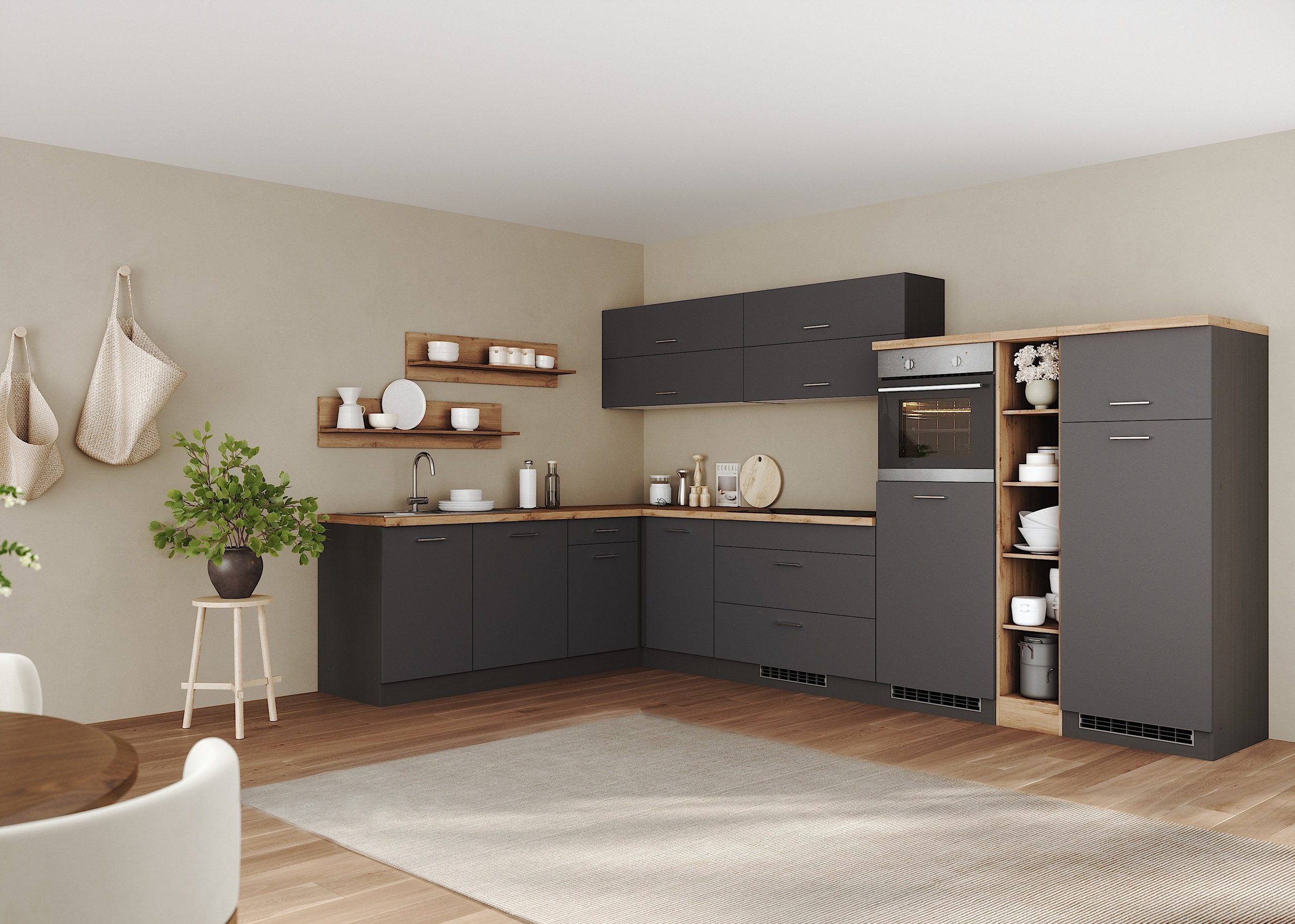 KOCHSTATION Cuisine d'angle »KS-Milan, optional mit Muldenlüfter« dimensions 360/220 cm, avec appareils électriques en option, plaque de cuisson avec hotte intégrée