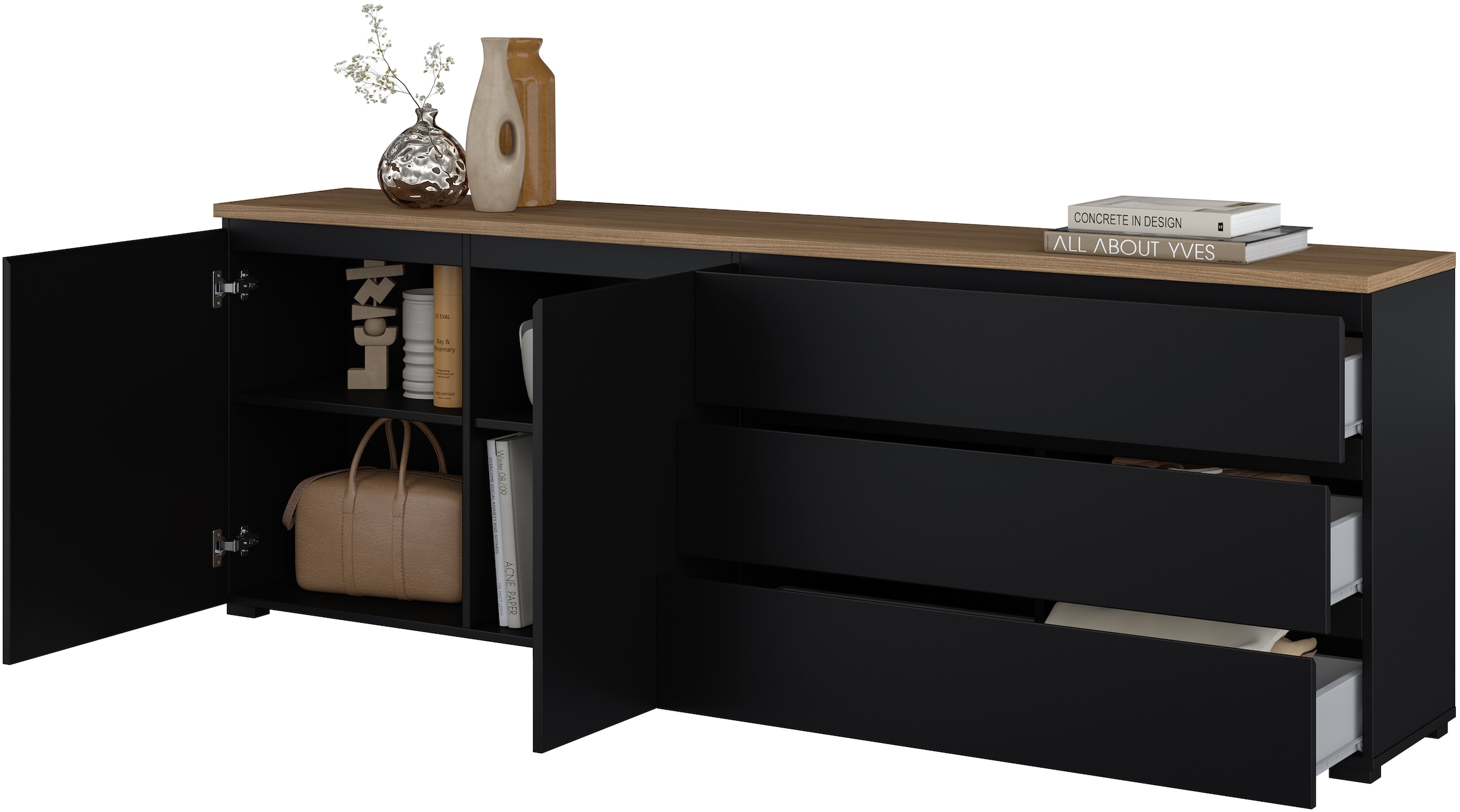 GOODproduct Sideboard »Modo, Breite 200 cm, moderne grifflose Kommode 2Türen/3 SK« Schubladenkommode mit viel Stauraum, Einlegeböden verstellbar