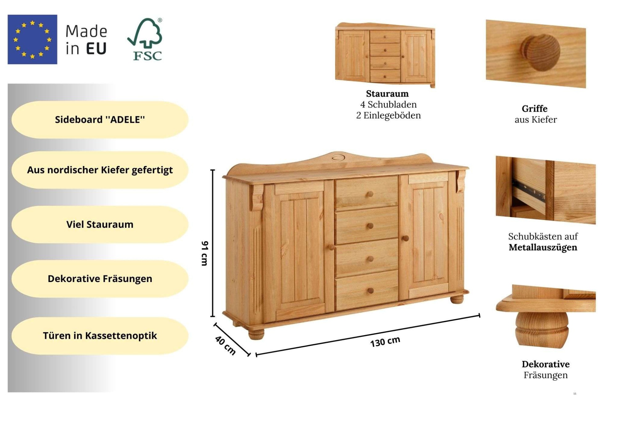 Home affaire Kommode »Sideboard, Anrichte, mit 3 Schubladen, 2 Türen«, aus massiver Kiefer, Breite 130 cm