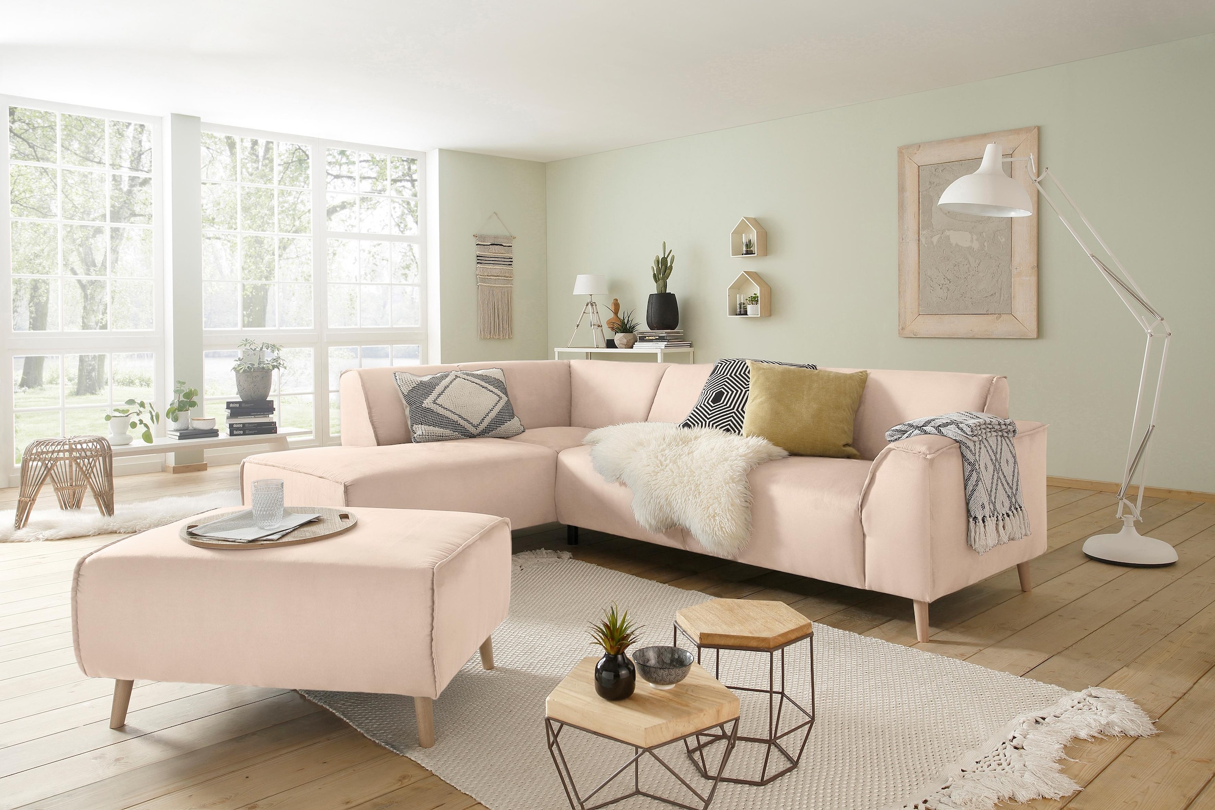 Home affaire Ecksofa »Julia L-Form«, Federkern-Polsterung, Holzfüsse, Keder