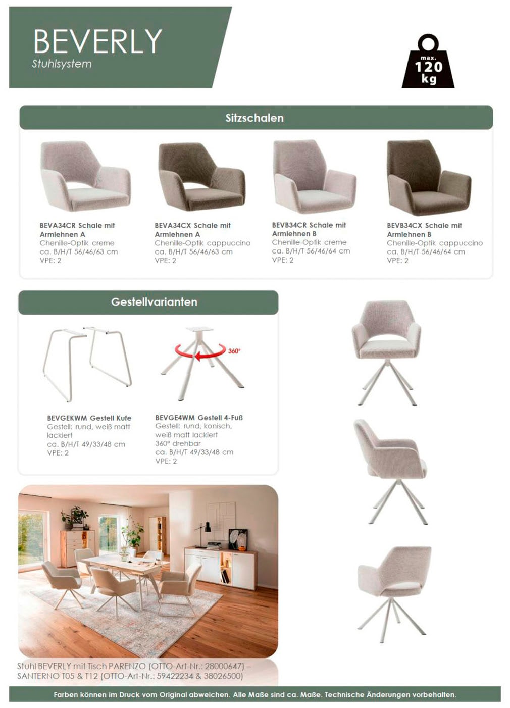 MCA furniture Chaise à 4 pieds »BEVERLY« (Set) 2 cuisEsszimmerstuhl,Chenilleoptik,360°drehbar,Sitzhöhe 49cm,belastbar 120kg