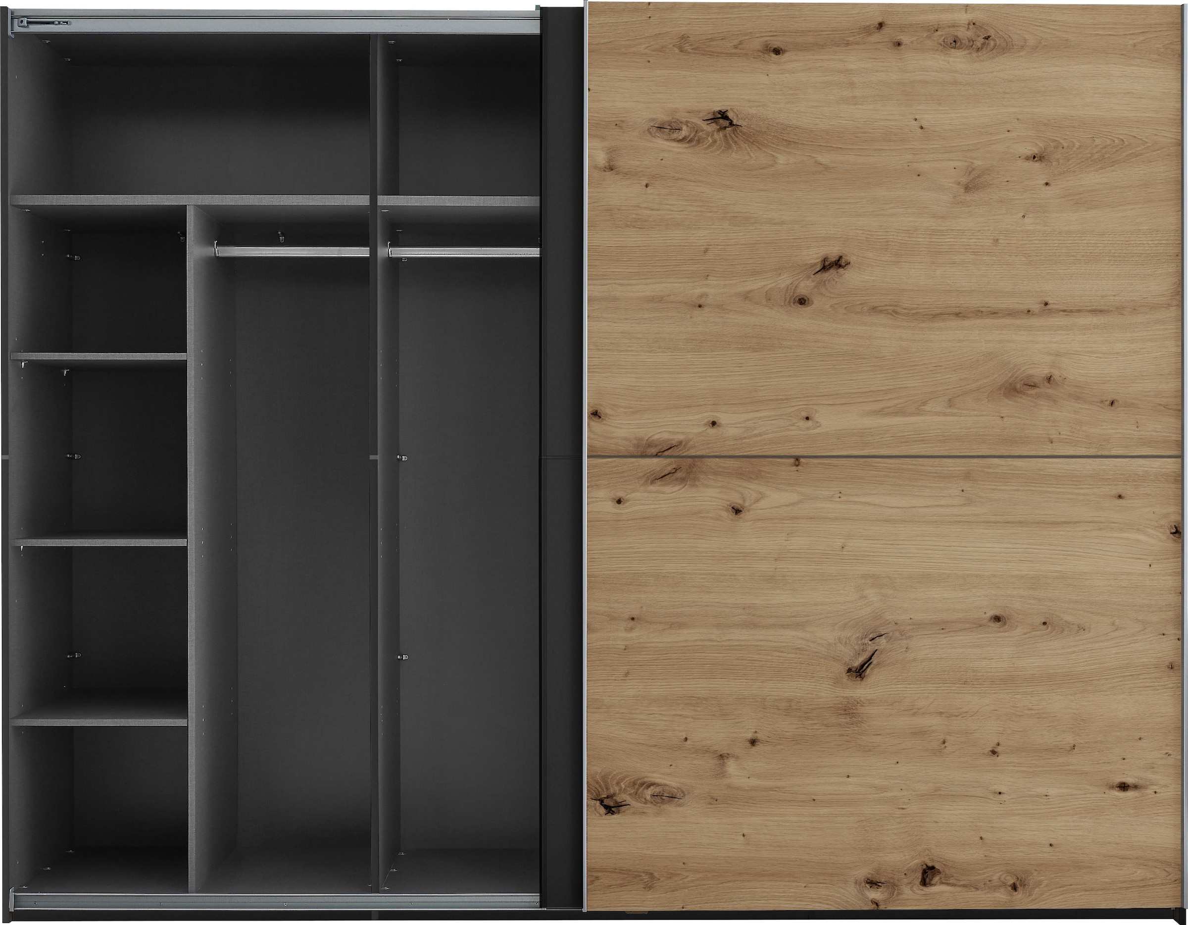 Schlafkontor Schwebetürenschrank »Mesio, 2-türiger Kleiderschrank, Schiebetürenschrank mit viel Stauraum«, inklusive Hoteleinteilungen aussen und Einlegeböden oben