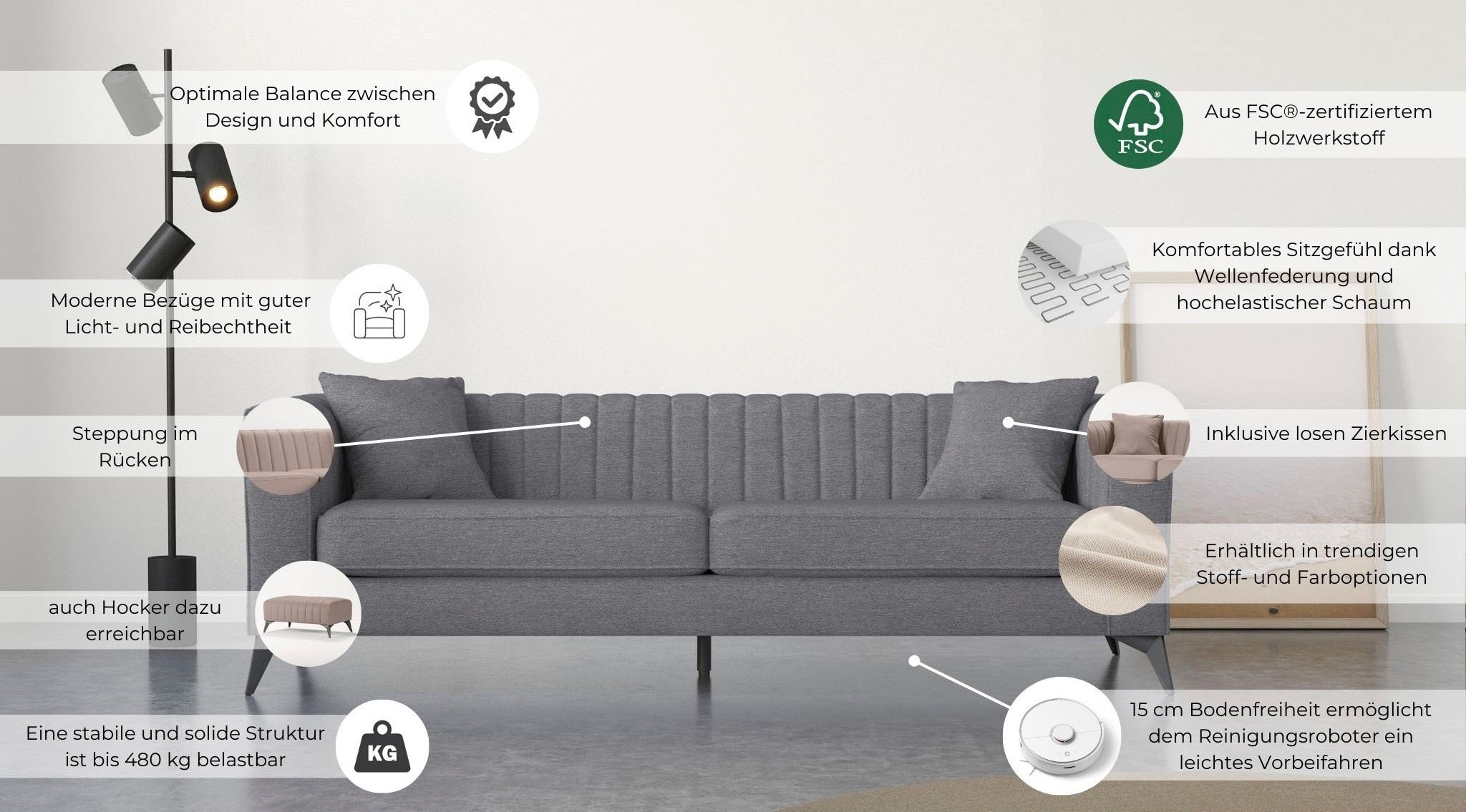 Places of Style 4-Sitzer »MATTHEW elegantes Designsofa, Masse B/T/H: 231/86/74 cm«, XXL, Steppung im Rücken, lose Sitzkissen, incl 2. Zierkissen