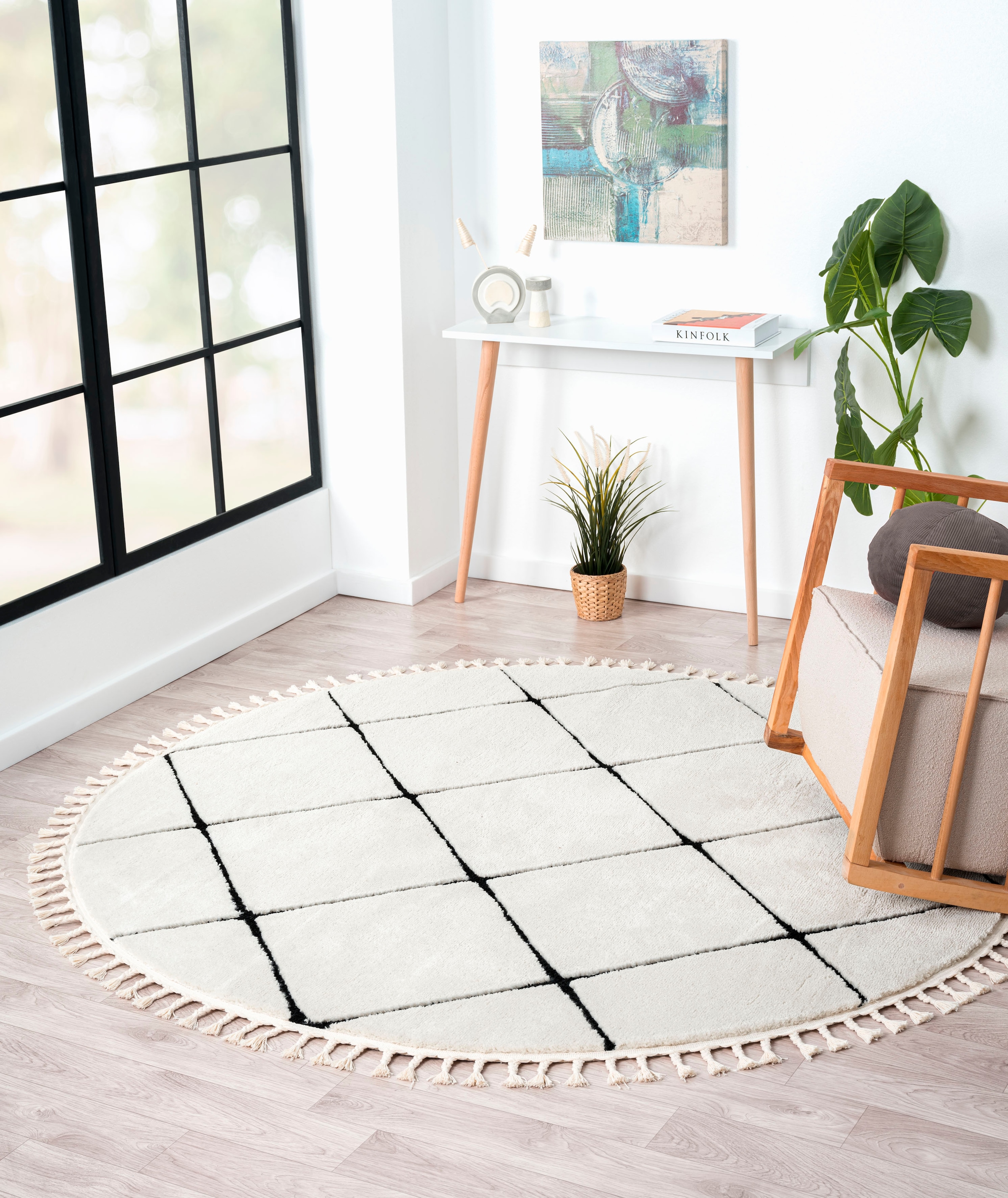 Image of Myflair Möbel & Accessoires Hochflor-Teppich "Moroccan Square" rund 24 mm Höhe modern, marokkanisches Design, Rauten Muster, weich, mit Fransen