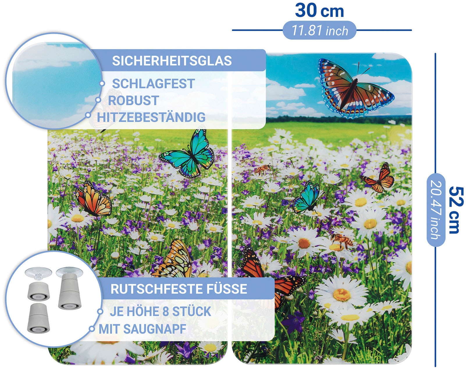 WENKO Herd-Abdeckplatte »Universal Modell Sommerwiese«, (Set, 2 tlg.), Herdabdeckung für alle Herdarten, kratzfest, mit rutschfesten Füssen