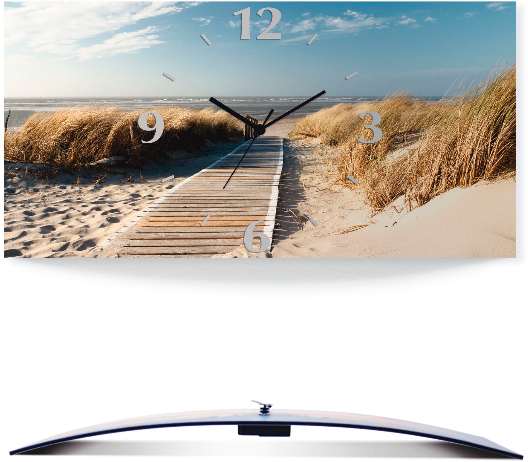 Image of Artland Wanduhr »Nordseestrand auf Langeoog - Steg«, 3D Optik gebogen, lautlos, ohne Tickgeräusche, nicht tickend, geräuschlos - wählbar: Funkuhr o. Quarzuhr, moderne Uhr für Wohnzimmer, Küche etc. - Stil: modern bei Ackermann Versand Schweiz