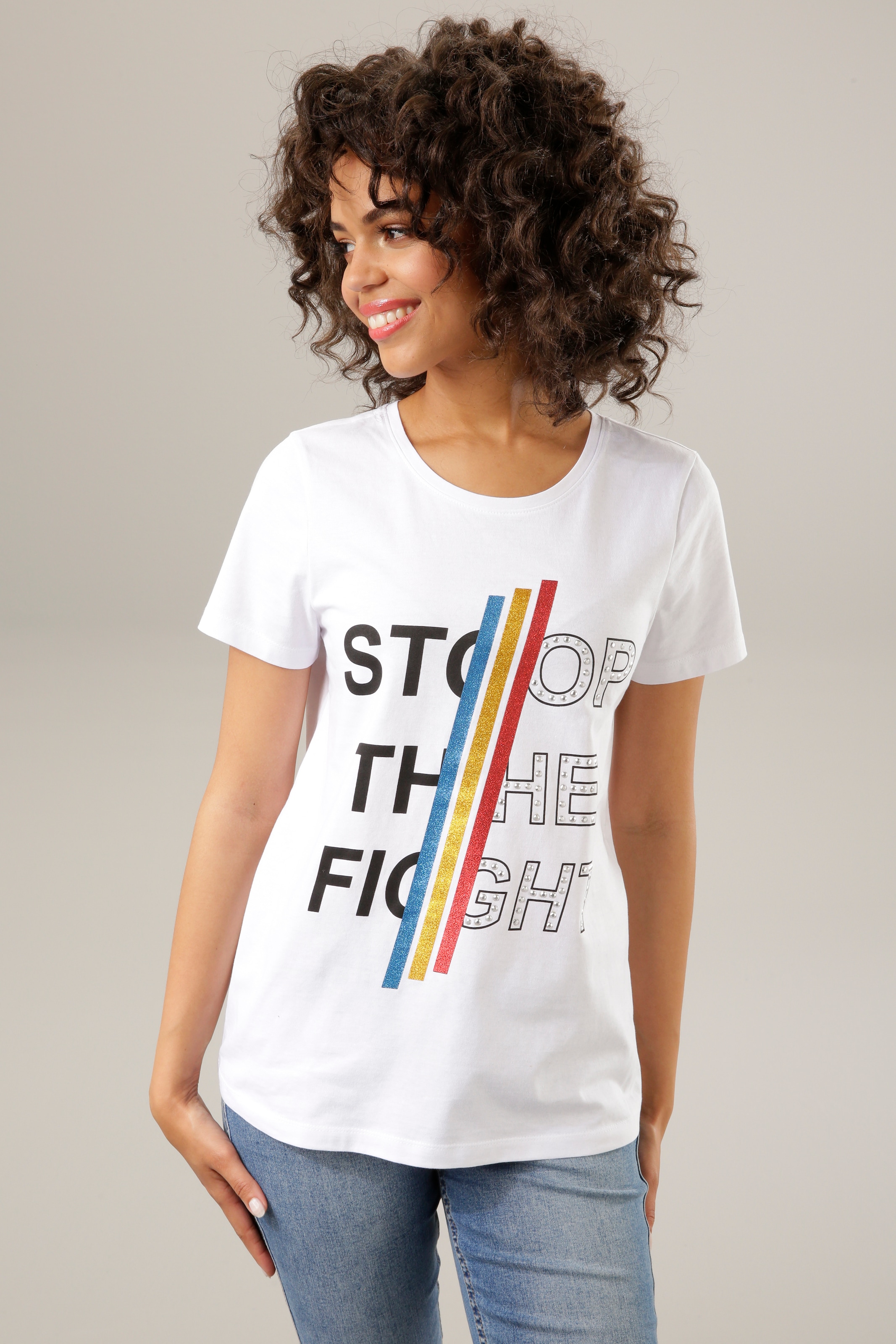 Aniston CASUAL Print-Shirt, mit Glitzerstreifen, Schriftzug Nieten bunten auf versandkostenfrei und