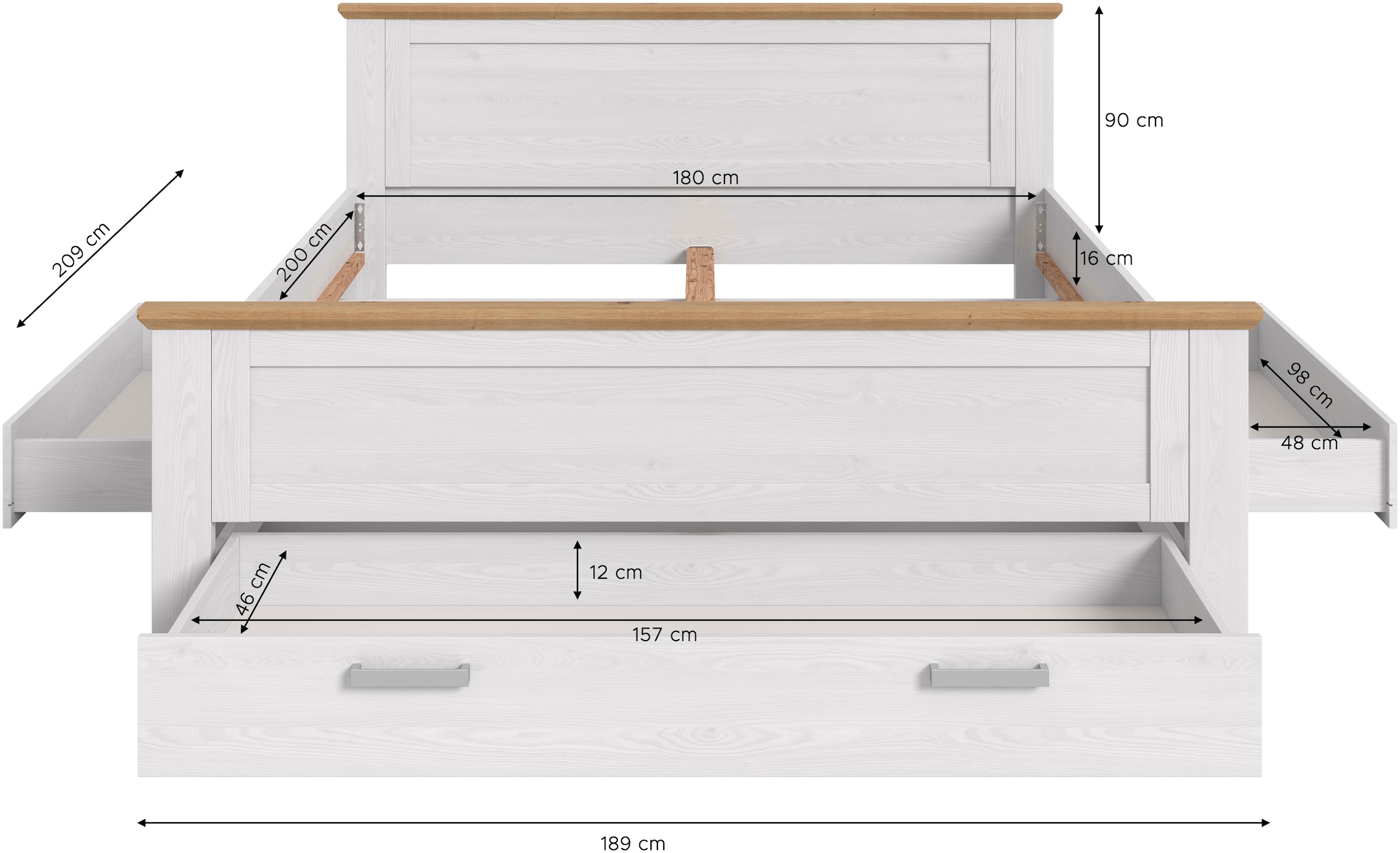 Home affaire Lit de rangement »COSENZA, Breite 189cm, im Landhausstil, 3 Schubkästen« Pour matelas 180x200 cm, beaucoup de rangement, sans matelas ni sommier,  lit, lit coffre, cadre de lit, chambre à coucher, dormir