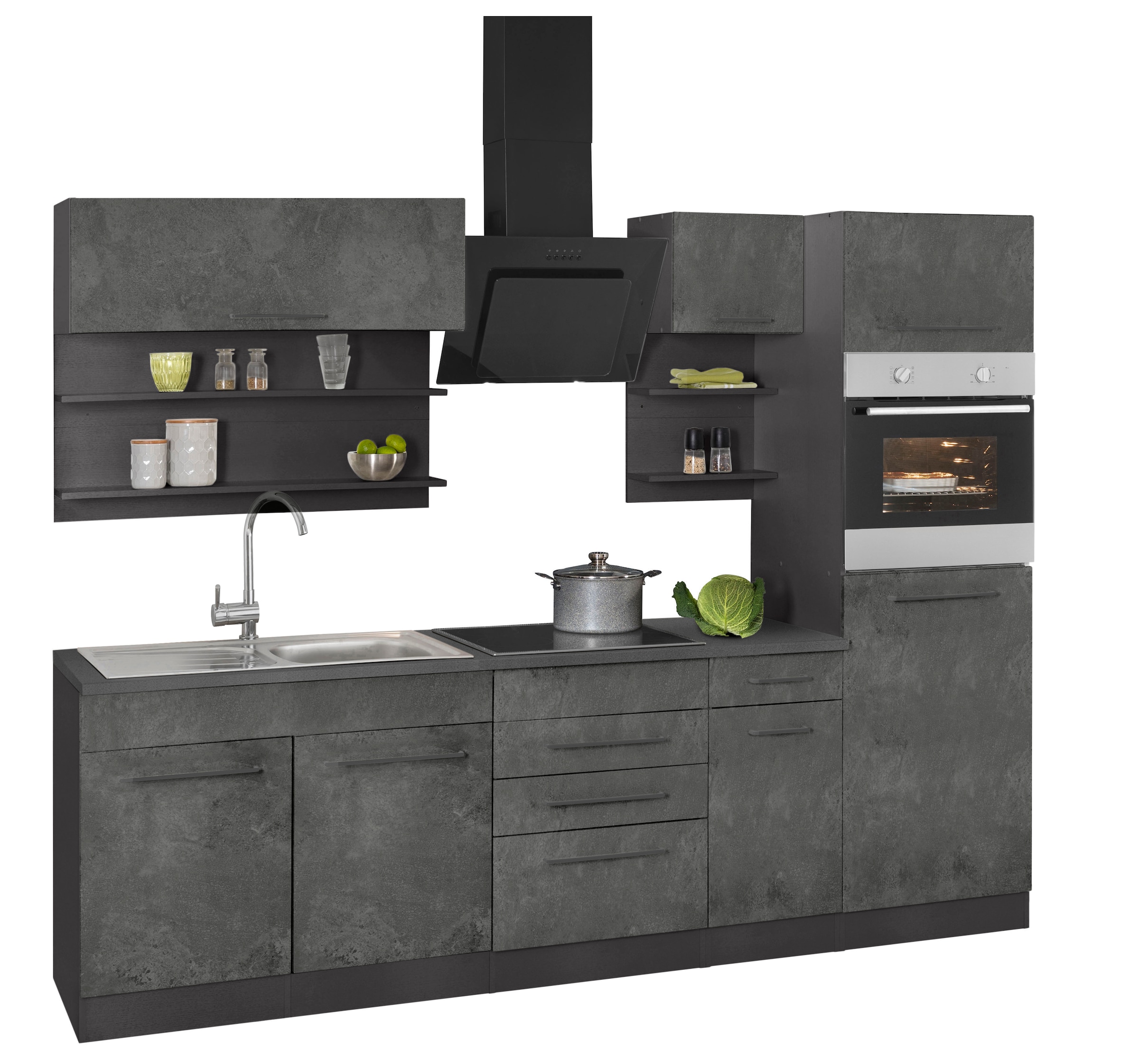KOCHSTATION Küchenzeile »KS-Tulsa« ohne E-Geräte, Breite 270 cm, schwarze Metallgriffe, MDF Fronten