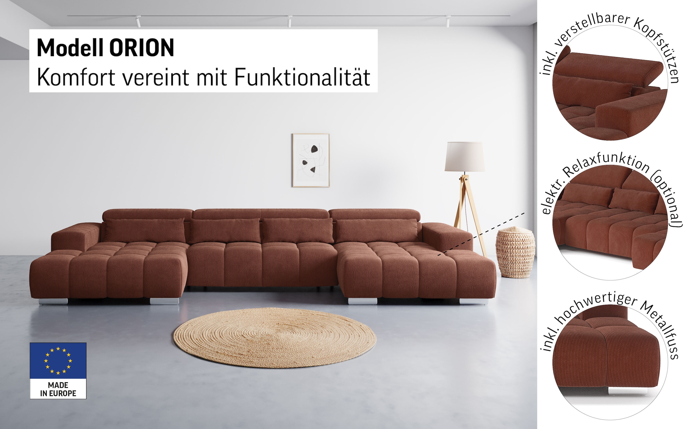 COTTA Paysage de salon »Orion U-Form, B: 400 cm« Kopfteilverstellung & 4 Kissen, optional elektr. Sitztiefenverstellung