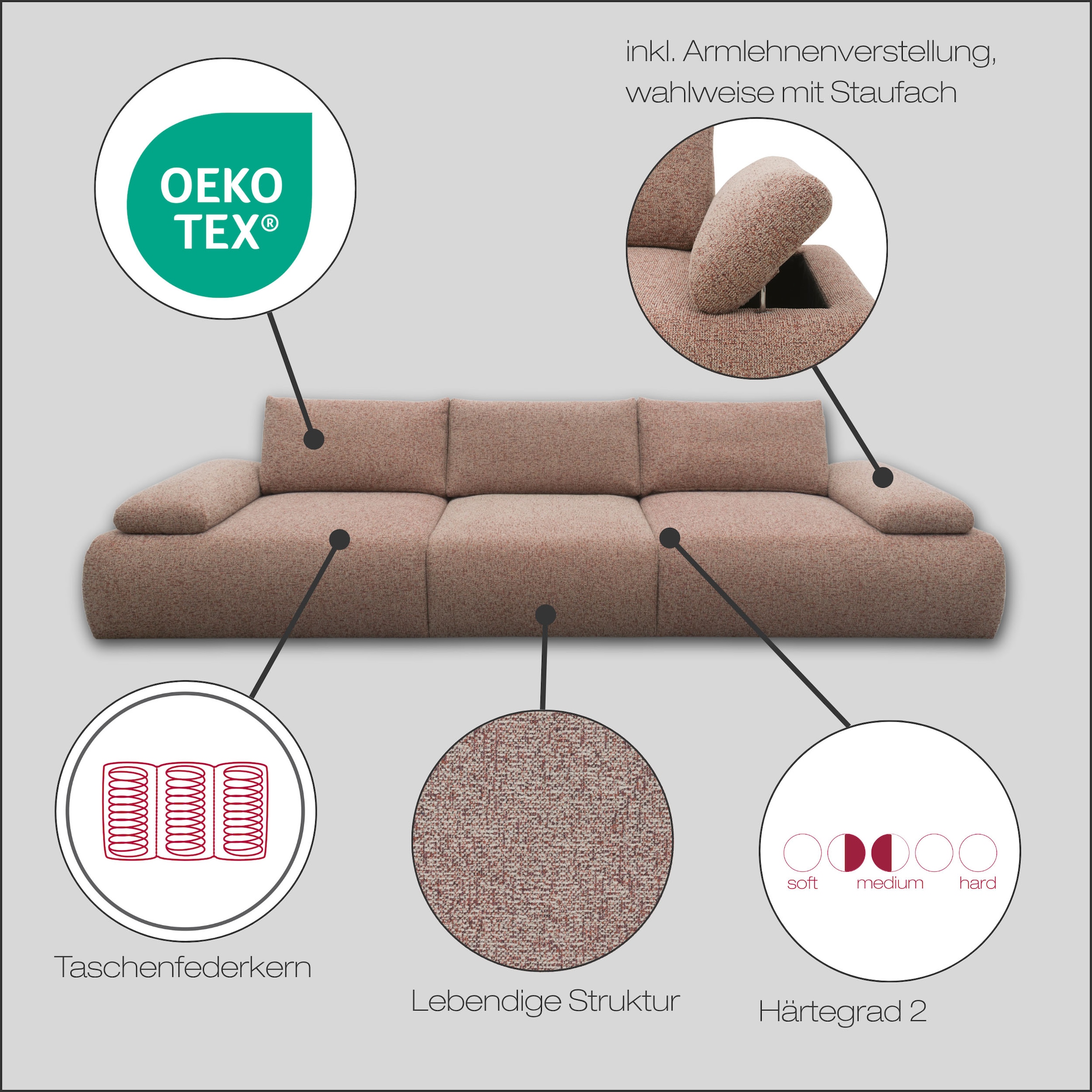DOMO collection Big-Sofa »800016 Megasofa Breite 324cm, Federkern, inkl. Armlehnenverstellung«, (3 St.), moderner Strukturstoff aus 95% Polyester und 5% Baumwolle