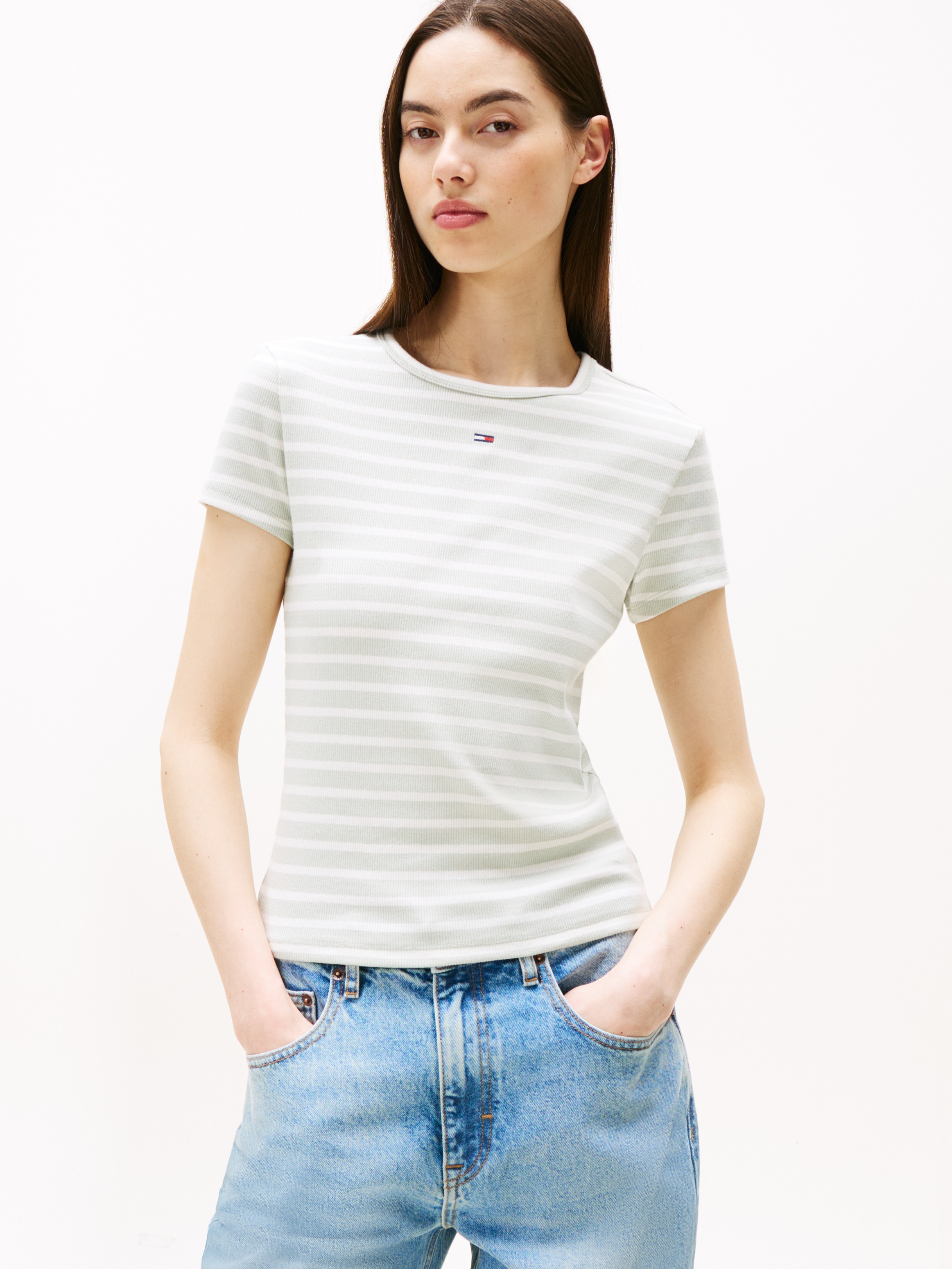 Image of Tommy Jeans Kurzarmshirt "TJW ESSENTIAL RIB SHORT SLEEVE EXT" Baumwollmischung in gerippter Struktur, Slim Fit