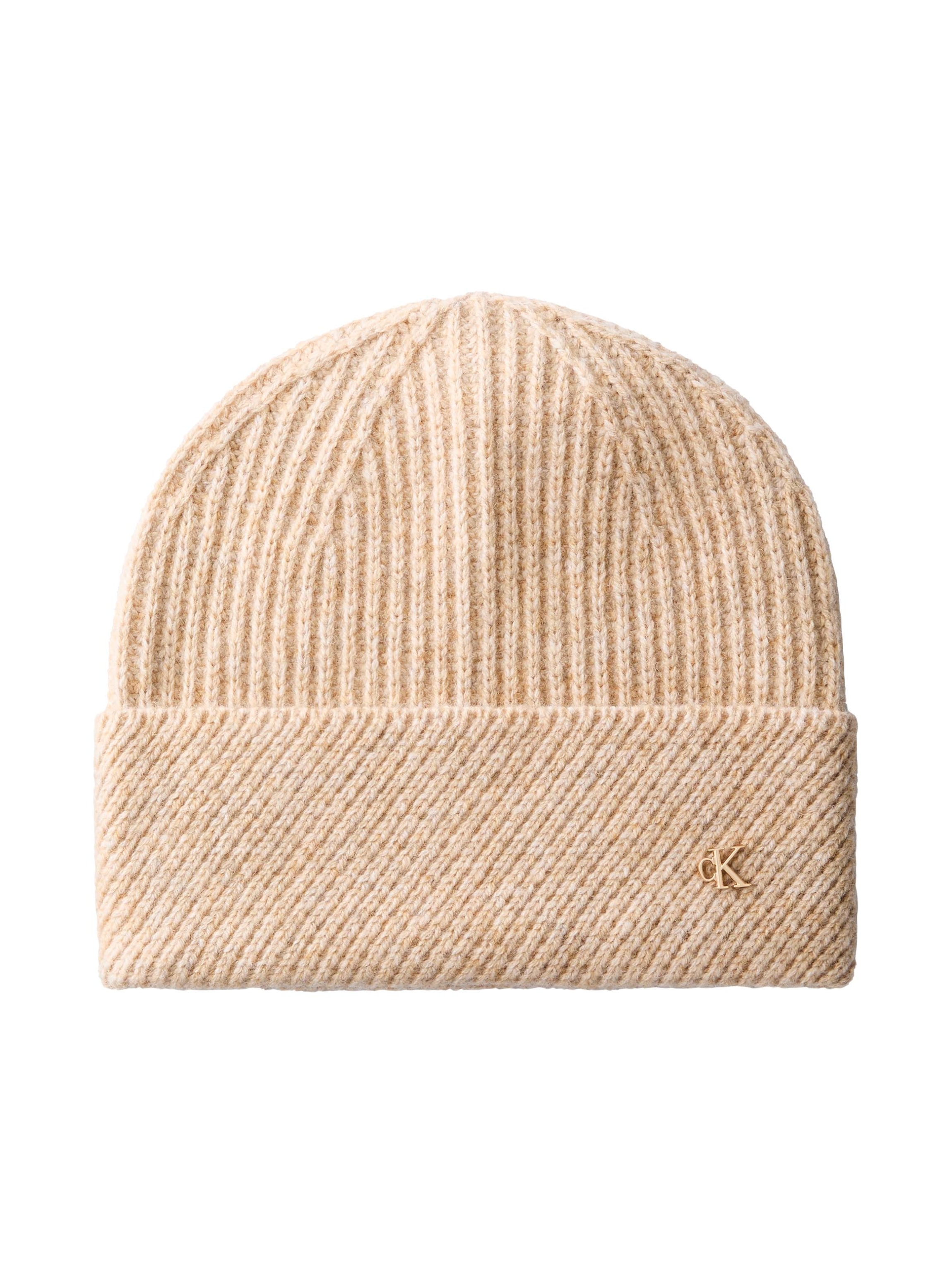 Calvin Klein Bonnet »CK METAL WOOL SLANTED RIB BEANIE« Coupe droite avec étiquette de marque