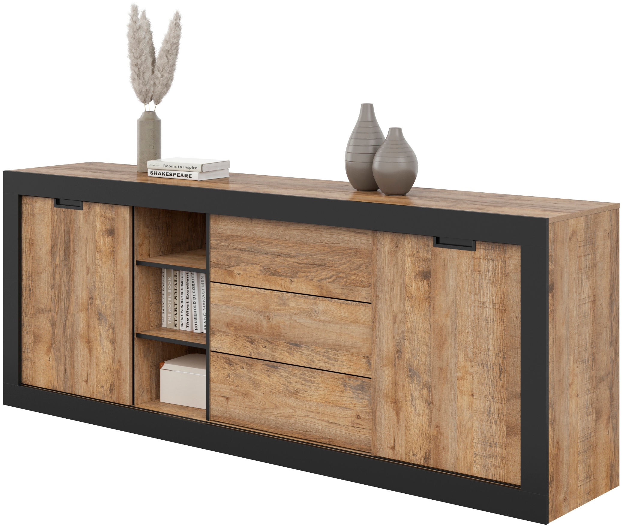 INOSIGN Sideboard »Tudor, Breite 220 cm Aufbewahrungsschrank 2 Schiebetüren/3 Schubkästen«, Anrichte, Kommode Landhausstil viel Stauraum, Einlegeböden verstellbar