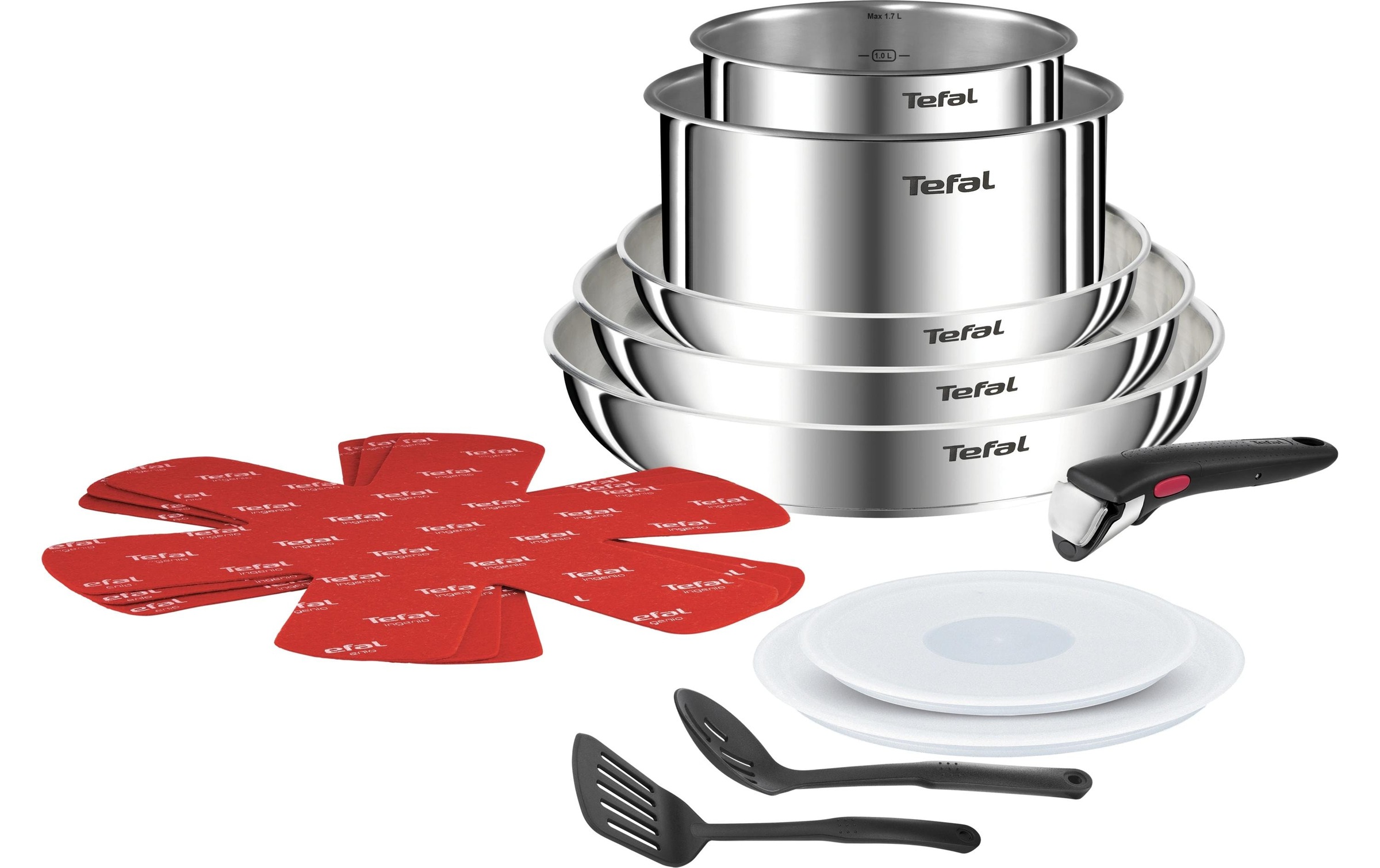 Image of Tefal Topf-Set "Ingenio Emotion, Topf und Pfannenset abnehmbarer Griff, stapelbar" Set, Pfannen 22/26/28cm, Kasserollen 16/20cm, Griff, Deckel, Accessoires, 13 tlg. Edelstahl