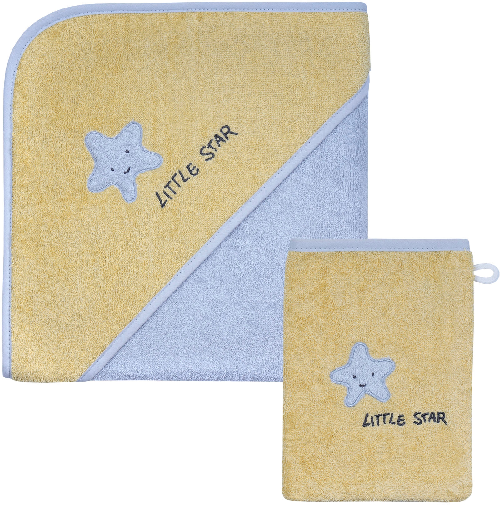 Image of Wörner Handtuch Set "Little Star Kapuzenbadetuch 100/100 mit Waschhandschuh" mit Stickerei Stern mit Schriftzug