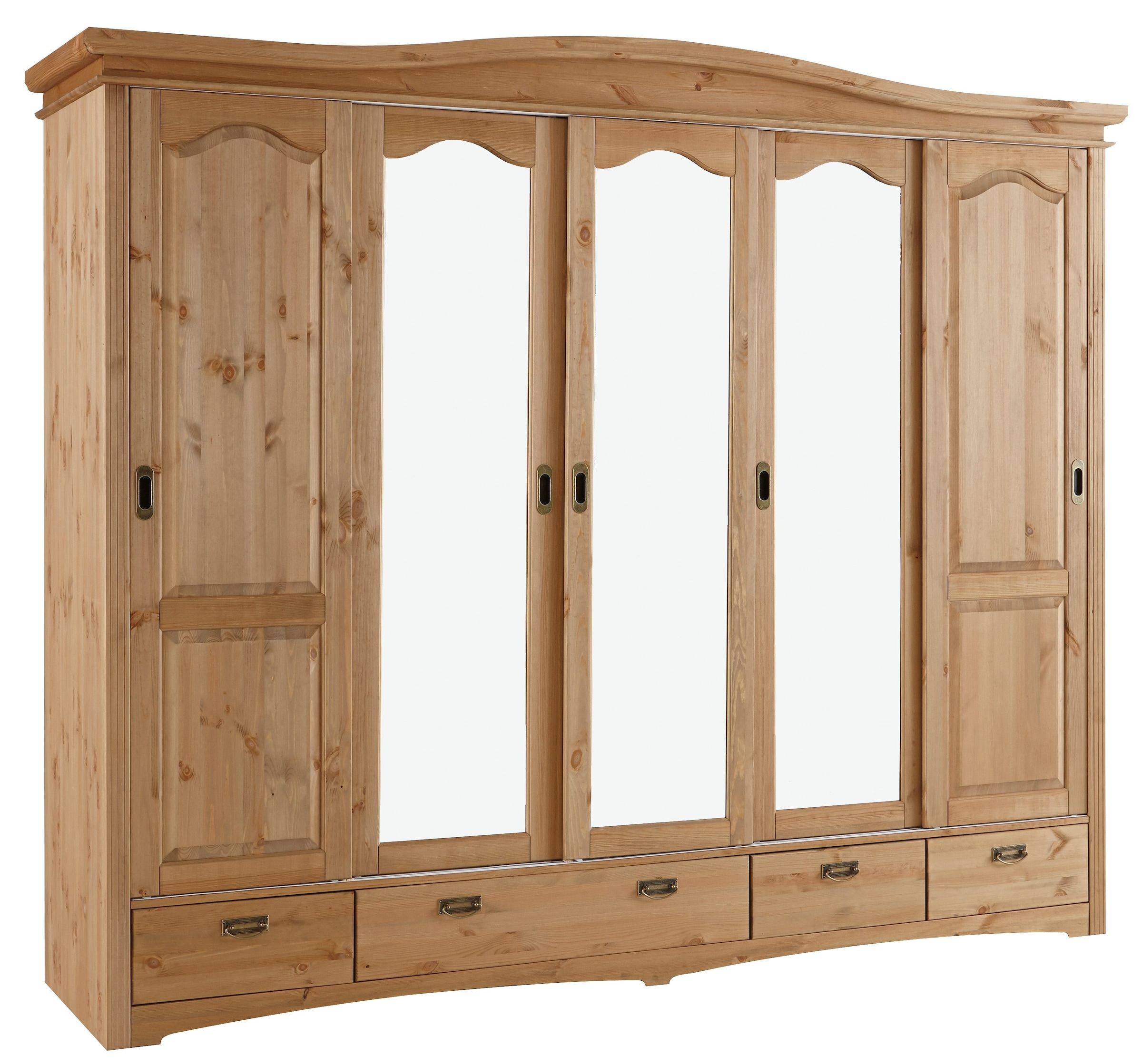 GOODproduct Schiebetürenschrank »Konrad, Landhausstil, rustikal, mit Schubladen + Spiegel, Kassetten« massive Kiefer, FSC®-zertifiziert, Messinggriffe