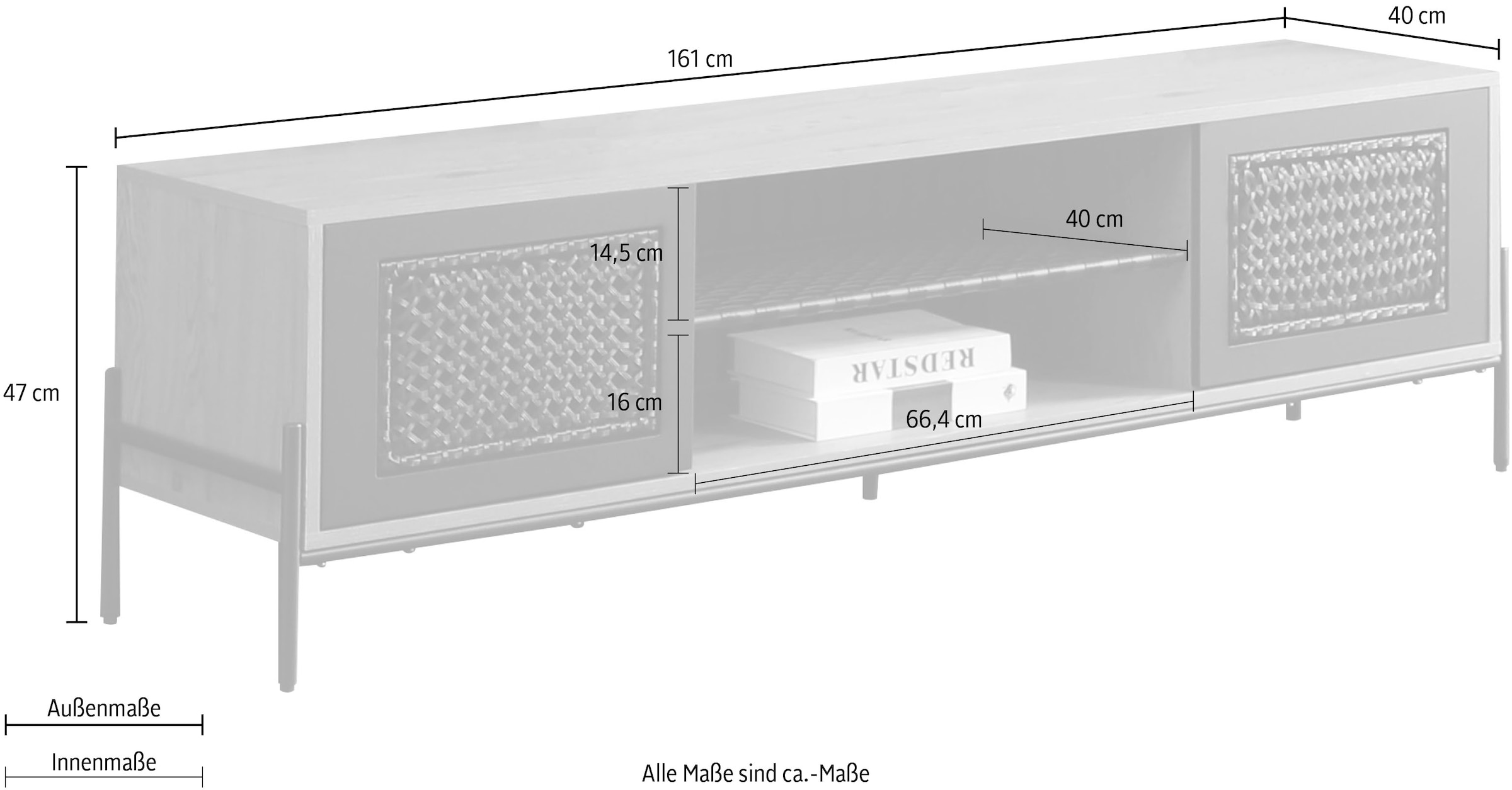 SalesFever Lowboard, Mit mattschwarzem Einsatz aus Polyrattan, Fernsehtisch