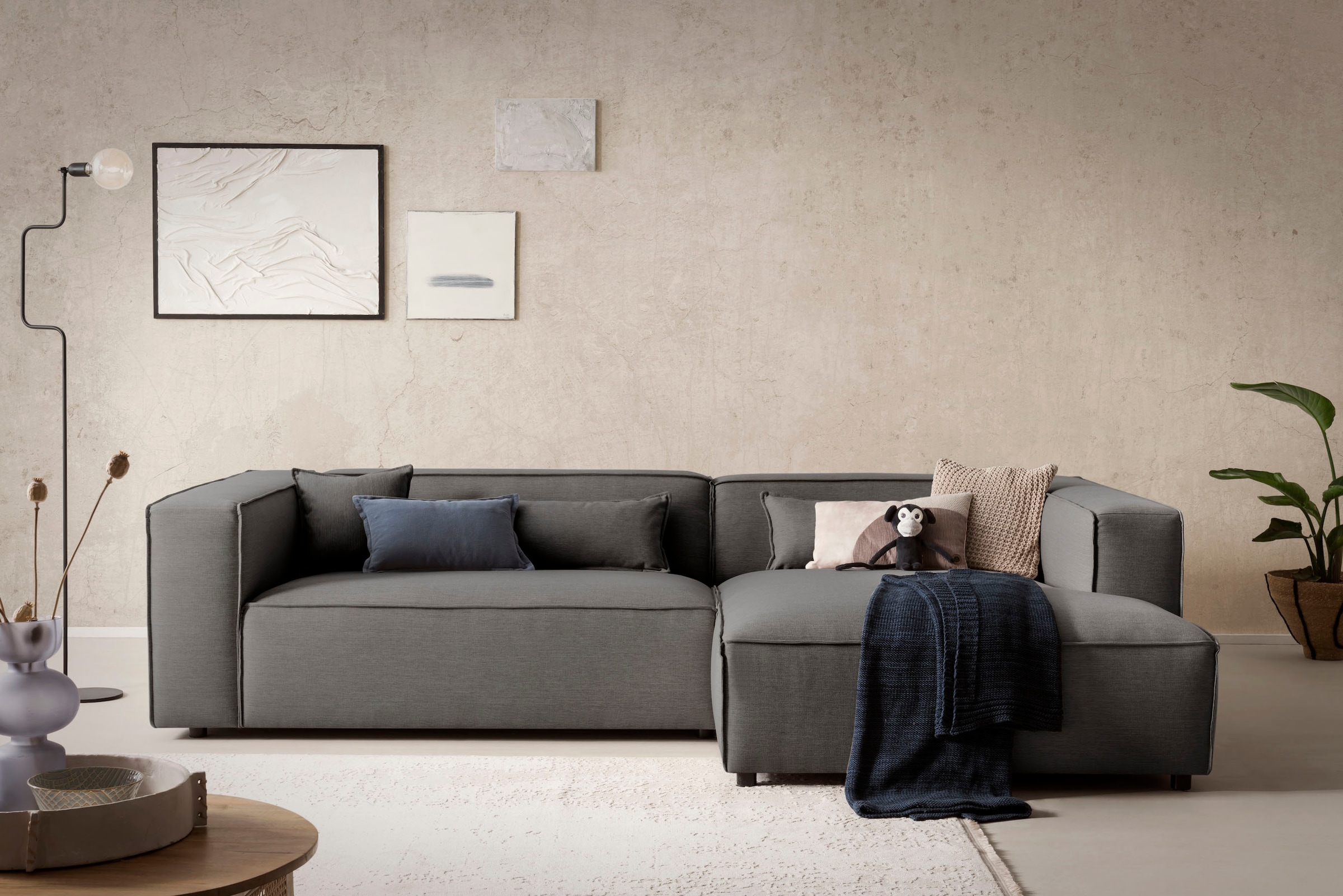 LeGer Home by Lena Gercke Ecksofa »PIARA XXL, Big-Sofa in Cord oder Leinenoptik, L-Form, mit Kedernaht«, wahlweise Ottomane rechts/links, schwarze Füsse, extra tiefe Sitzfläche