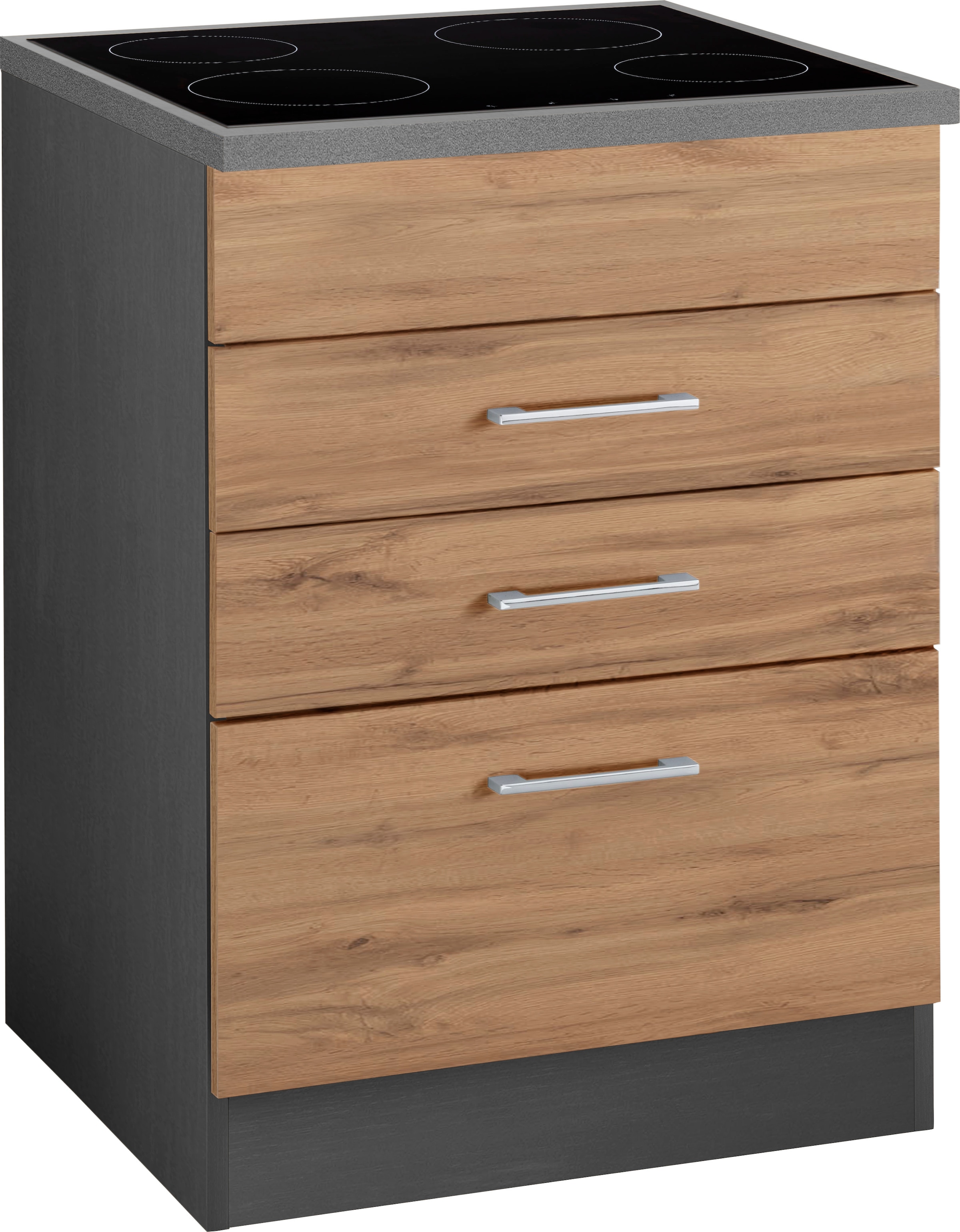 Image of KOCHSTATION Kochfeldumbauschrank "KS-Colmar" 60 cm, mit Metallgriff, 2 Schubkästen und 1 Auszug