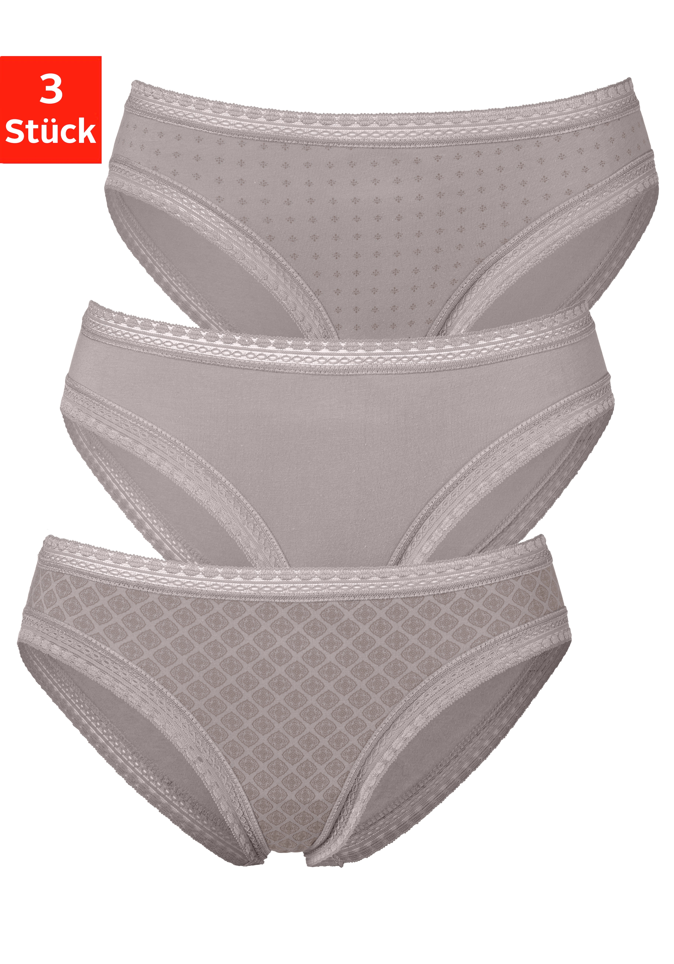 LASCANA Bikinislip, (Packung, 3 St.), aus elastischer Baumwolle mit weicher Spitze